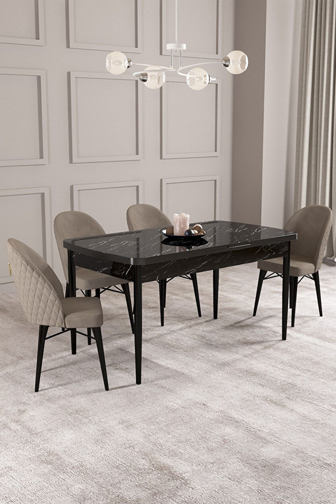 ​​​​​​​Calvin Siyah Mermer 80x132 Açılabilir Mdf Masa Yemek Odası Takımı, Mutfak Takımı 4 Adet Sanda