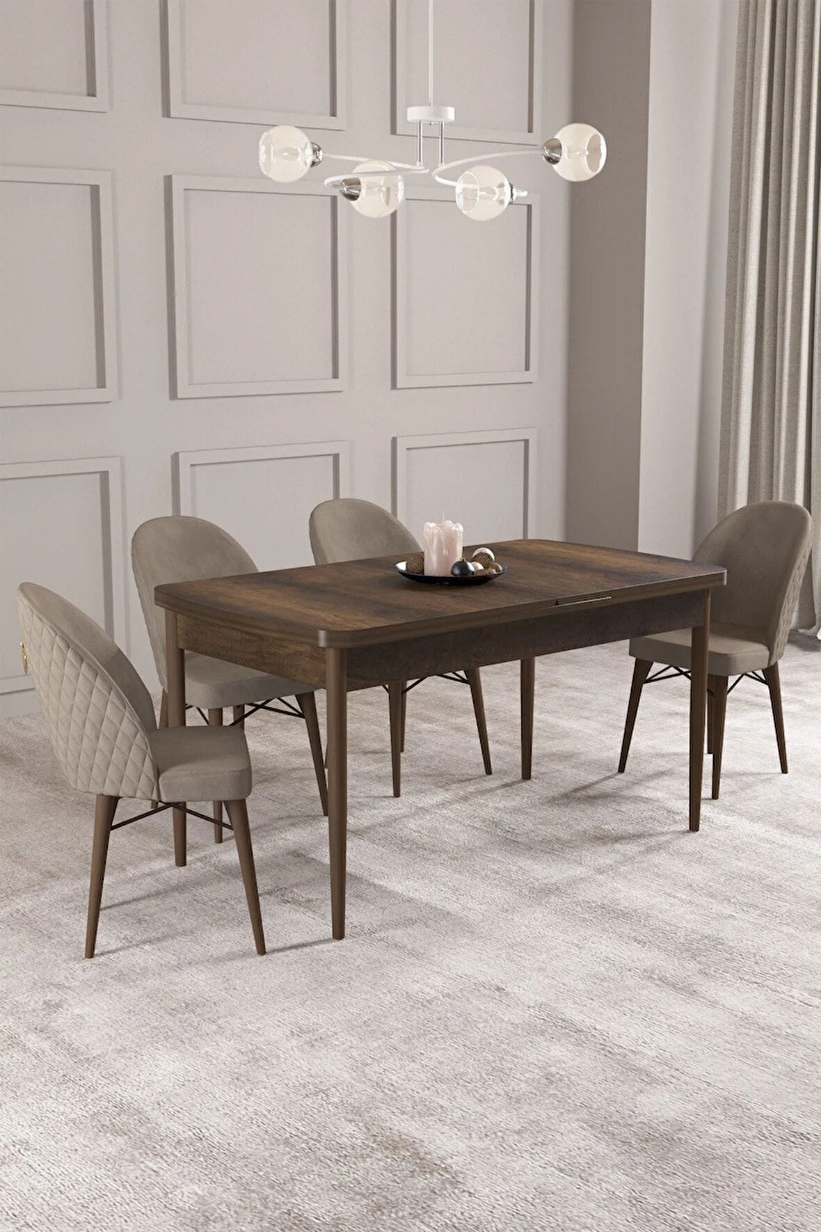 Calvin Barok Desen 80x132 MDF Açılabilir Mutfak Masası Takımı 4  Sandalye