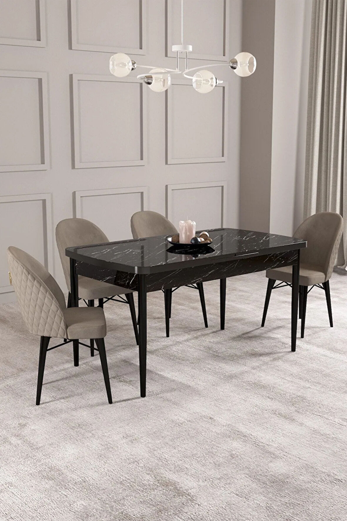 Calvin Siyah Mermer Desen 80x132 MDF Açılabilir Mutfak Masası Takımı 4  Sandalye