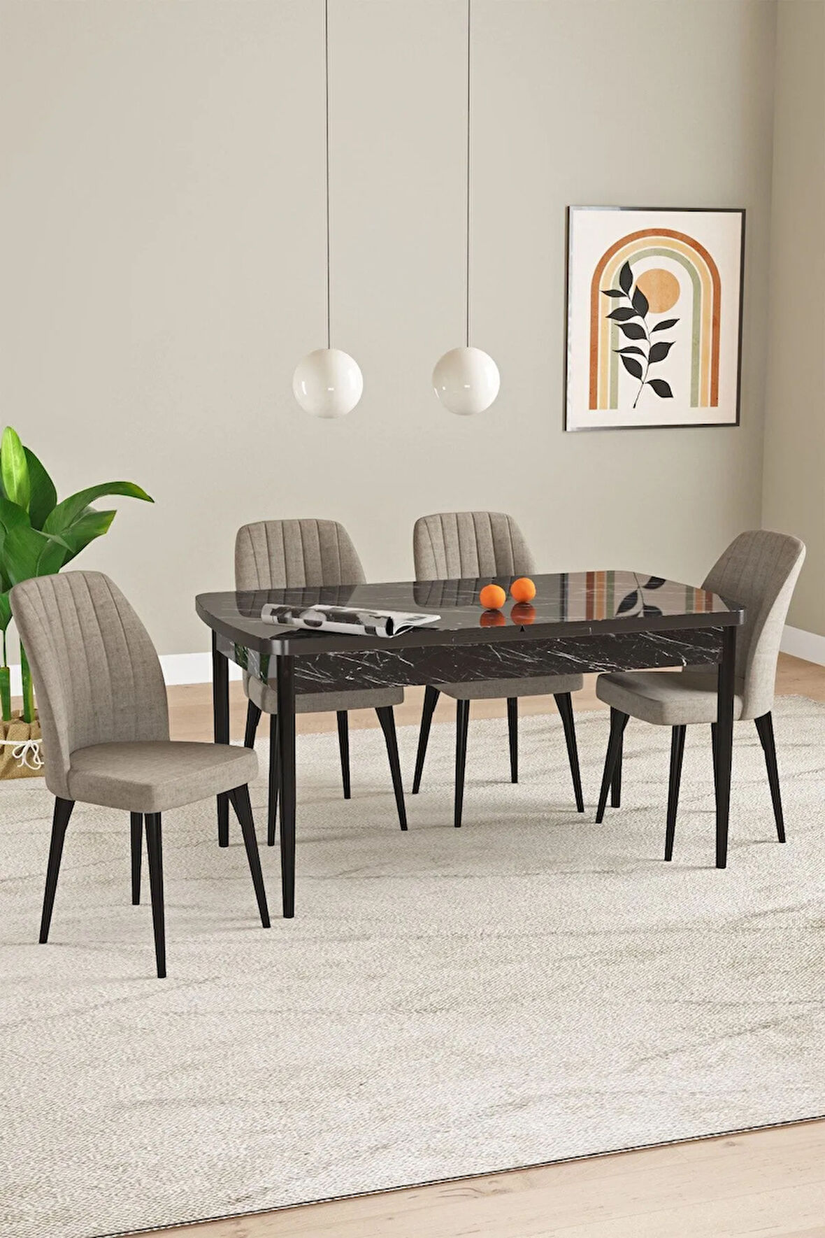 Elis Siyah Mermer Desen 80x132 Açılabilir Yemek Odası Takımı 4  Sandalye