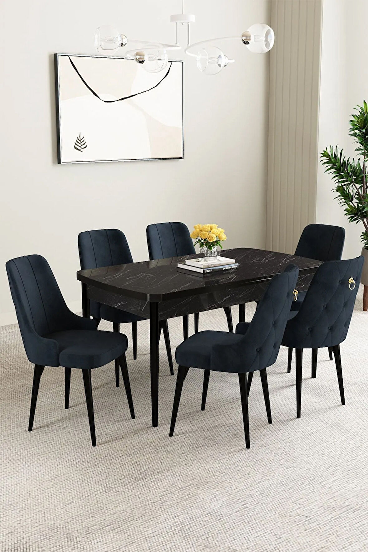 Ikon Barok Desen 80x132 MDF Açılabilir Mutfak Masası Takımı 4  Sandalye