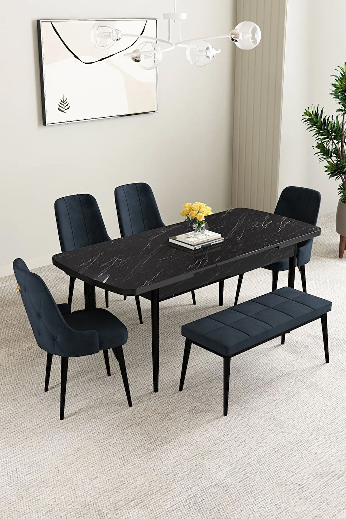 Ikon Beyaz 80x132 MDF Açılabilir Yemek Masası Takımı 4  Sandalye