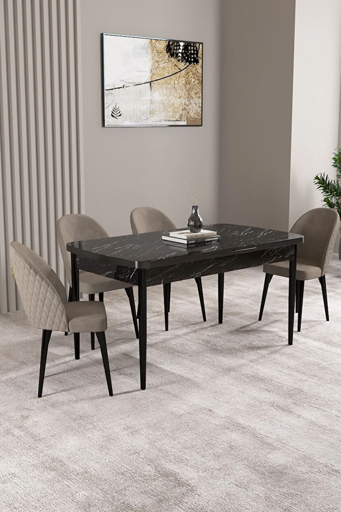 Lima Siyah Mermer Desen 80x132 MDF Açılabilir Yemek Masası Takımı 4  Sandalye