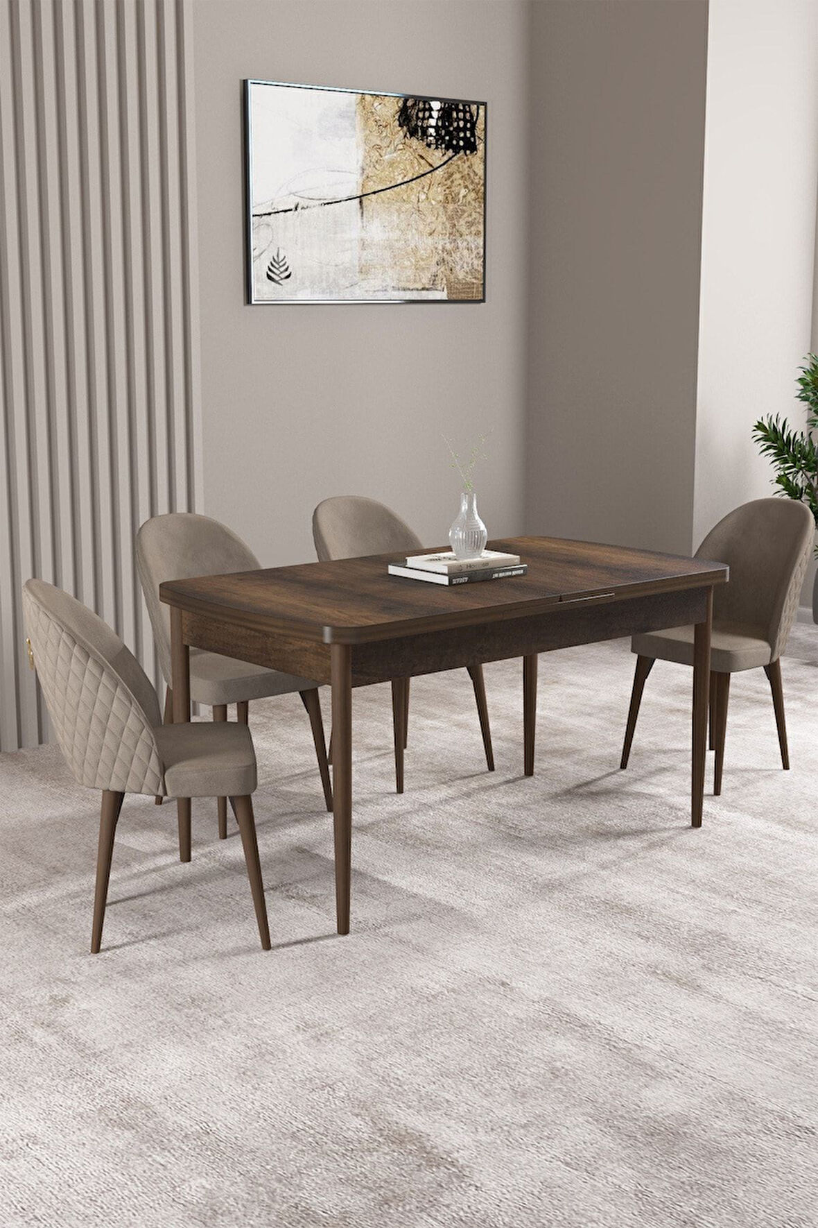 ​​​​​​​Milas Barok Desen 80x132 Açılabilir Mdf Masa Yemek Odası Takımı, Mutfak Takımı 4 Adet Sandaly