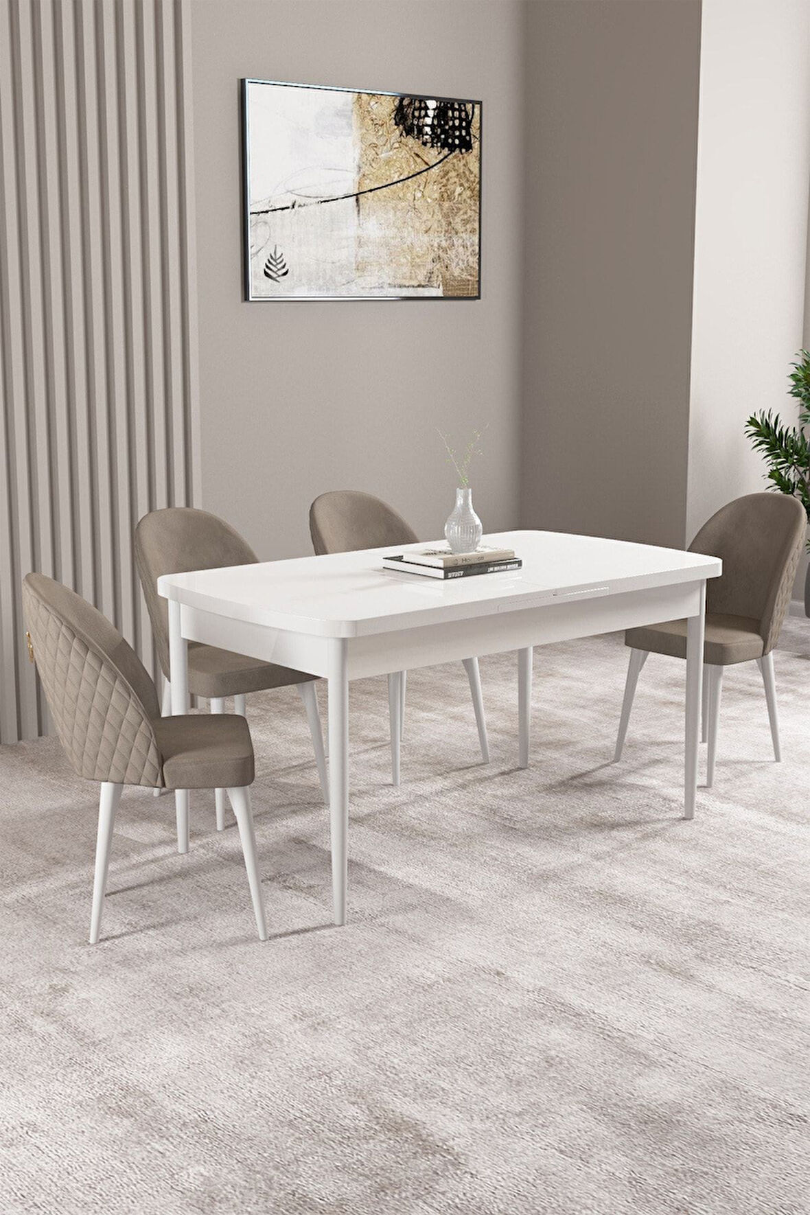 Milas Beyaz 80x132 Açılabilir Mdf Masa Yemek Odası Takımı, Mutfak Takımı 4 Adet Sandalye