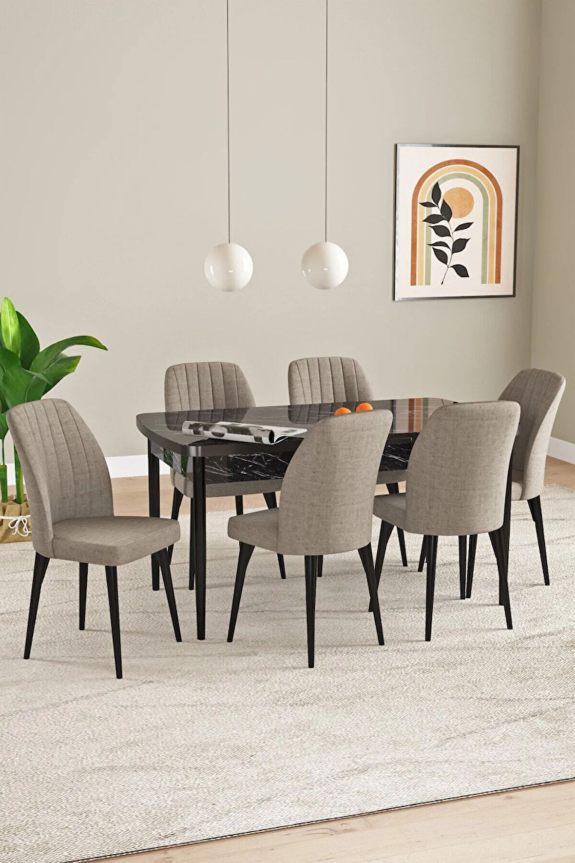 Milas Beyaz Mermer Desen 80x132 MDF Açılabilir Mutfak Masası Takımı 4  Sandalye