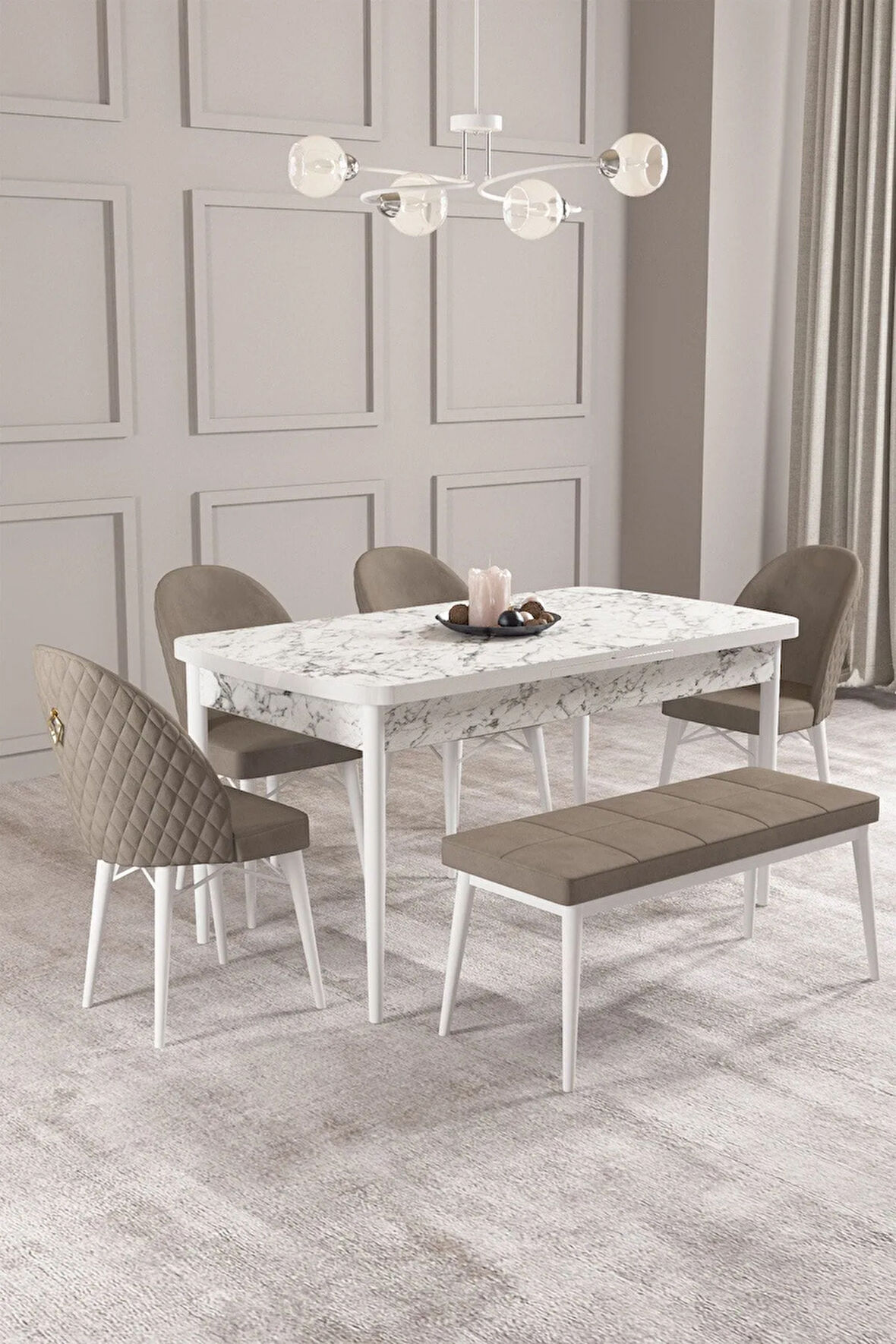 Milas Beyaz Mermer Desen 80x132 MDF Açılabilir Yemek Masası Takımı 4  Sandalye