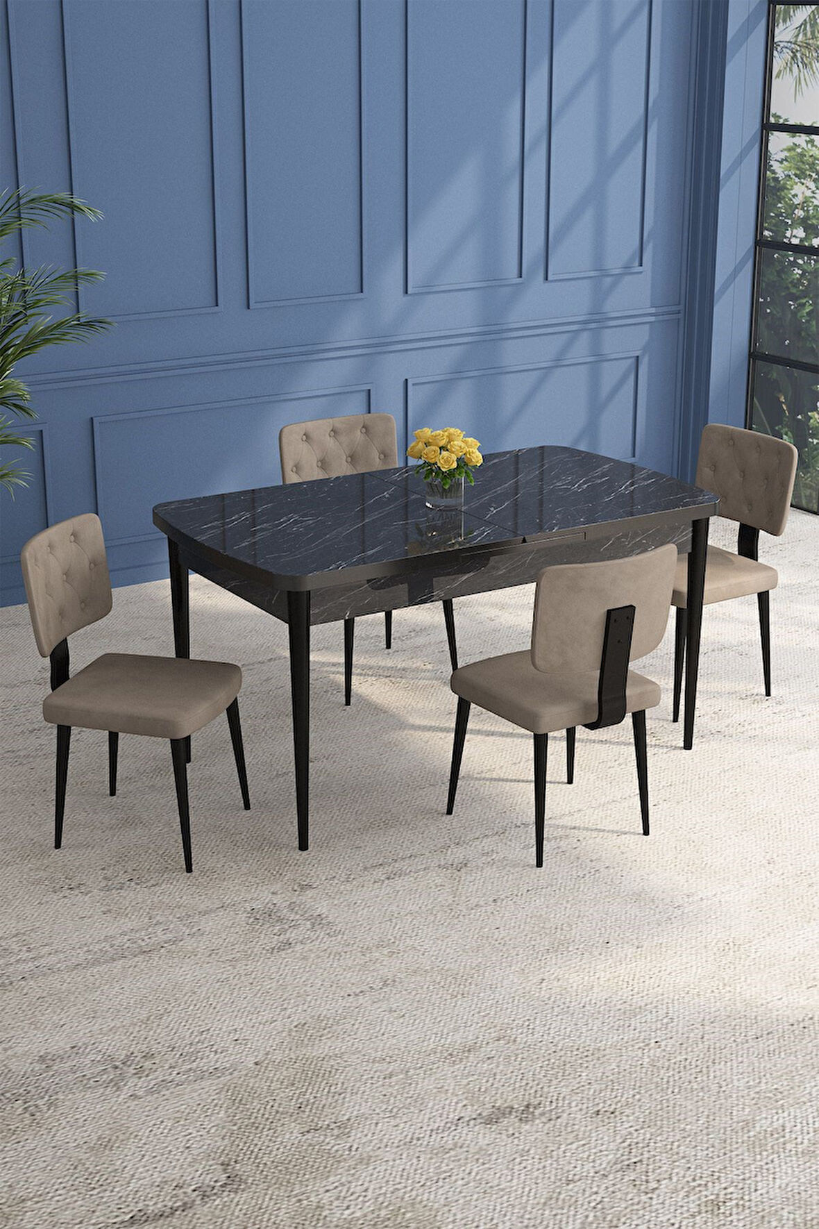 Lars Siyah Mermer 80x132 Açılabilir Mdf Masa Yemek Odası Takımı,Mutfak Takımı 4 Adet Sandalye