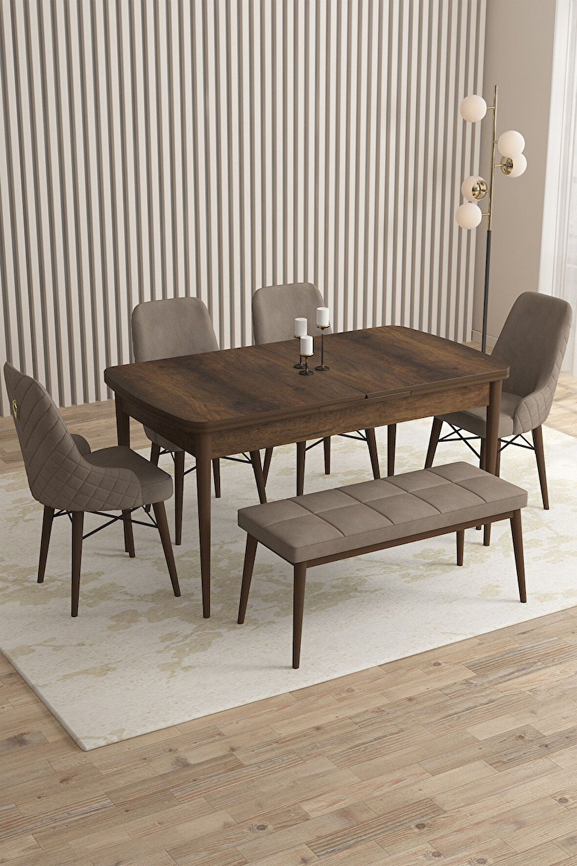 Mazaka Barok Desen 80x132 Açılabilir Mdf Masa Yemek Odası Takımı, Mutfak Takımı 4 Sandalye 1 Bench