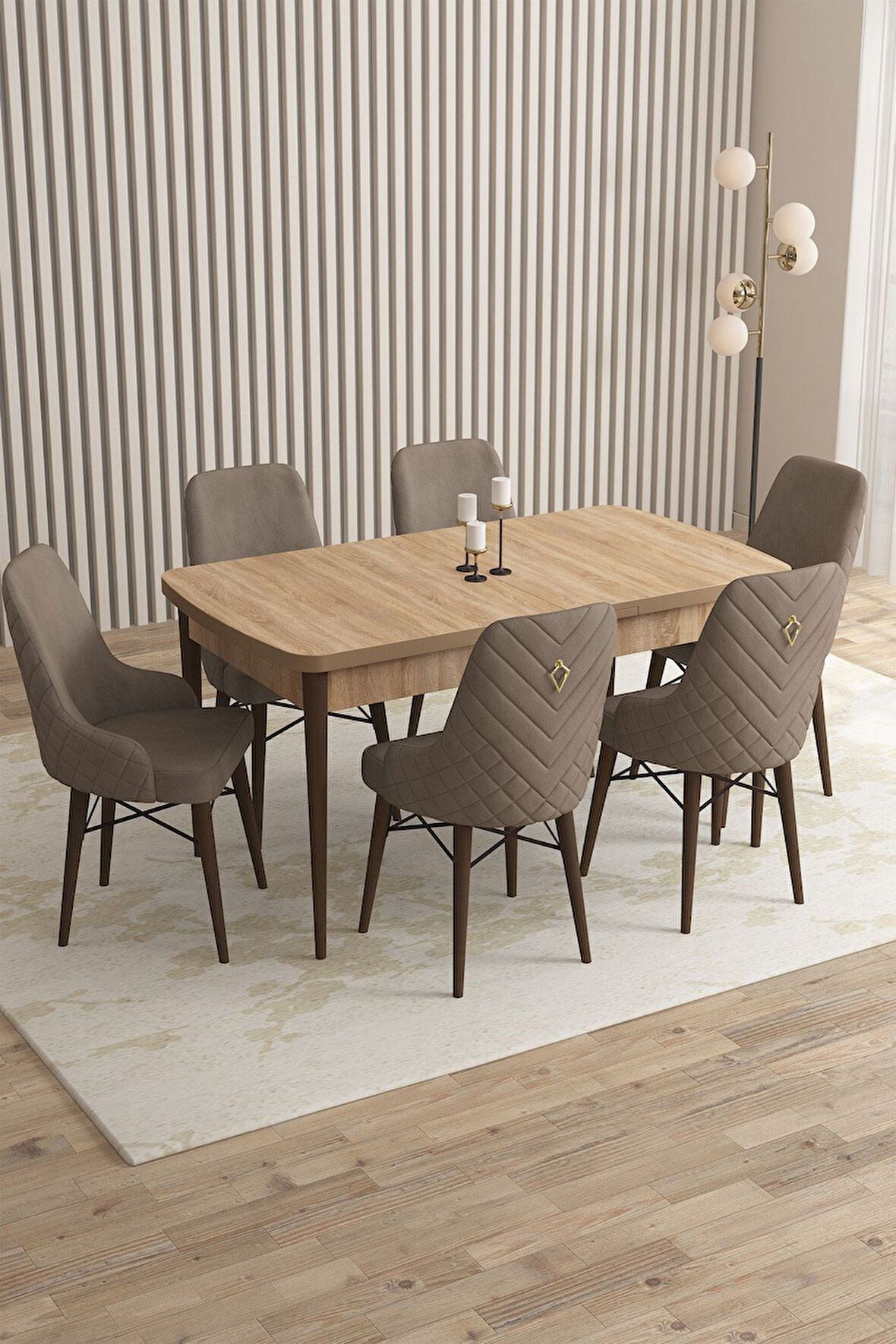 Mazaka Meşe Desen 80x132 Açılabilir Mdf Masa Yemek Odası Takımı, Mutfak Takımı 6 Adet Sandalye 