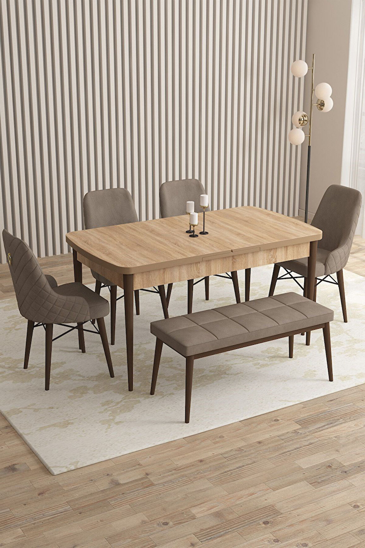 Mazaka Meşe Desen 80x132 Açılabilir Mdf Masa Yemek Odası Takımı, Mutfak Takımı 4 Sandalye 1 Bench