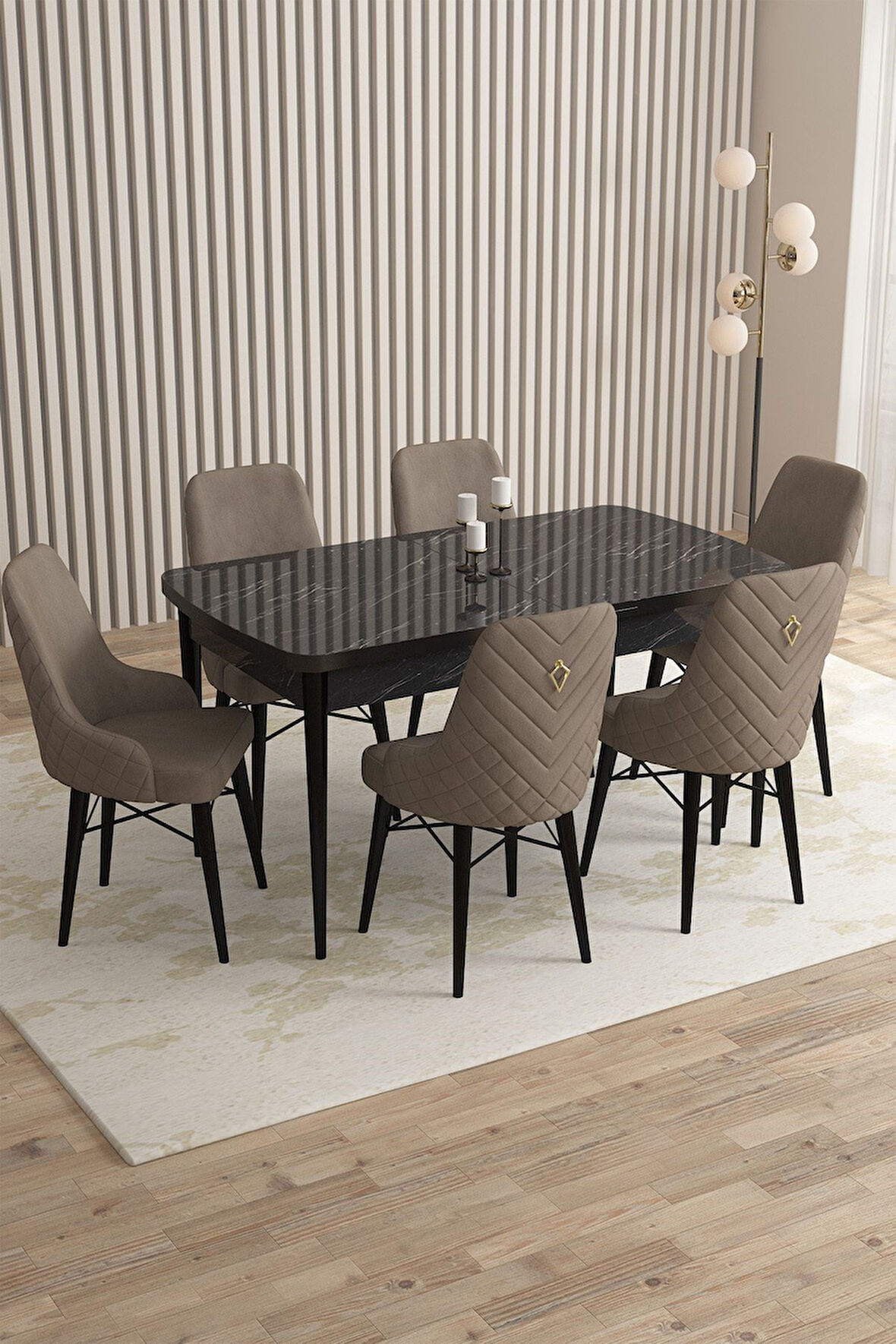 Mazaka Siyah Mermer 80x132 Açılabilir Mdf Masa Yemek Odası Takımı, Mutfak Takımı 6 Adet Sandalye