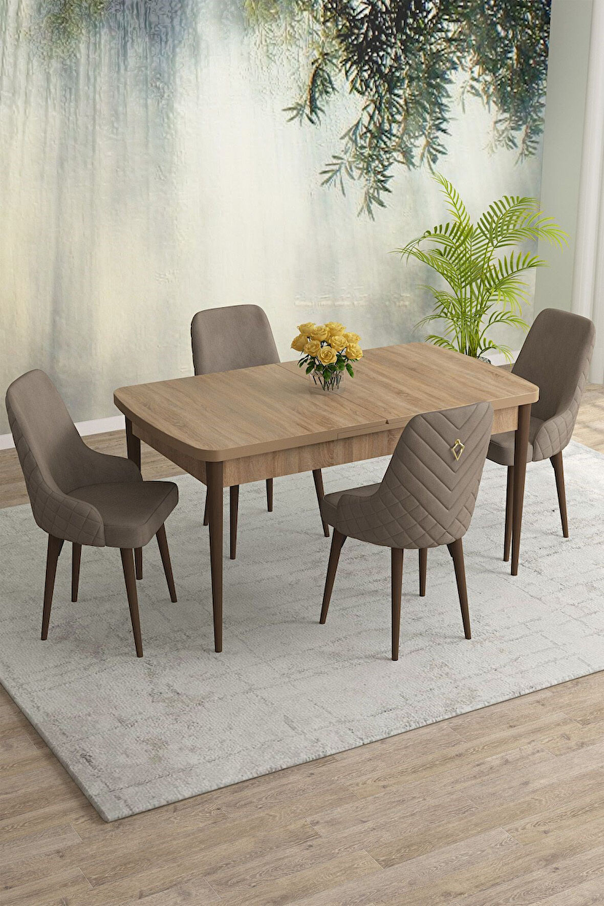 Meri Serisi Meşe Desen 80x132 Açılabilir Mdf Masa Yemek Odası Takımı, Mutfak Takımı 4 Adet Sandalye