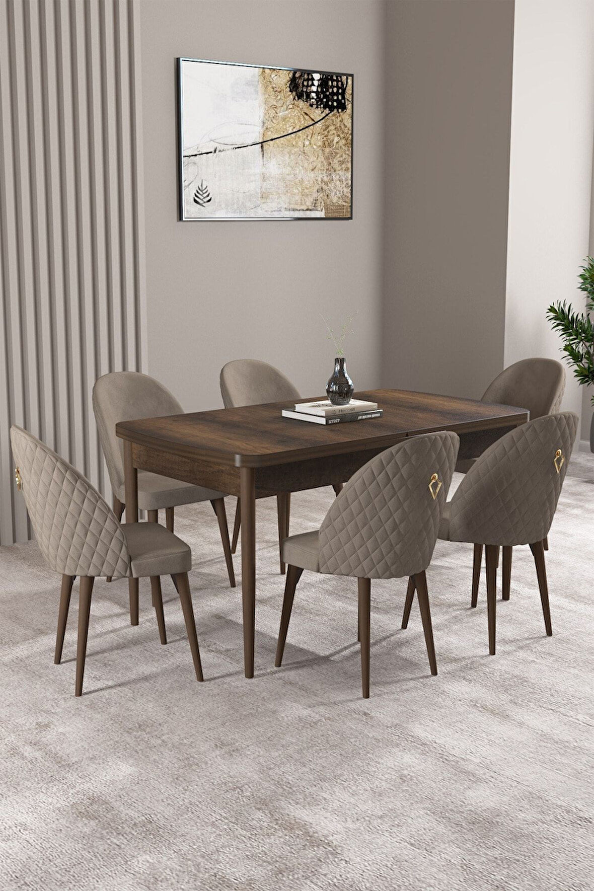 ​​​​​​​Milas Barok Desen 80x132 Açılabilir Mdf Masa Yemek Odası Takımı, Mutfak Takımı 6 Sandalye