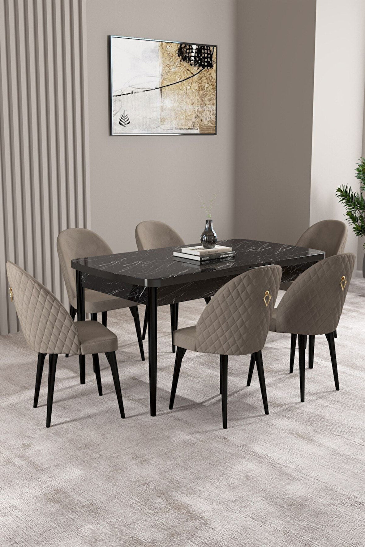 Milas Siyah Mermer Desen 80x132 Açılabilir Mdf Masa Yemek Odası Takımı,Mutfak Takımı 6 Adet Sandalye