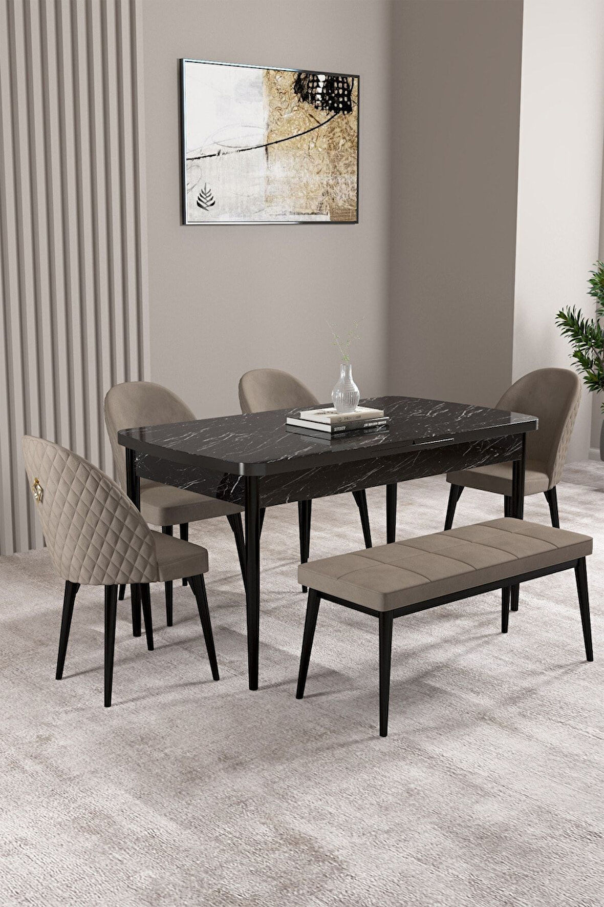 Milas Siyah Mermer Desen 80x132 Açılabilir Mdf Masa Yemek Odası Takımı,Mutfak Takımı 4 Sandalye, 1 B
