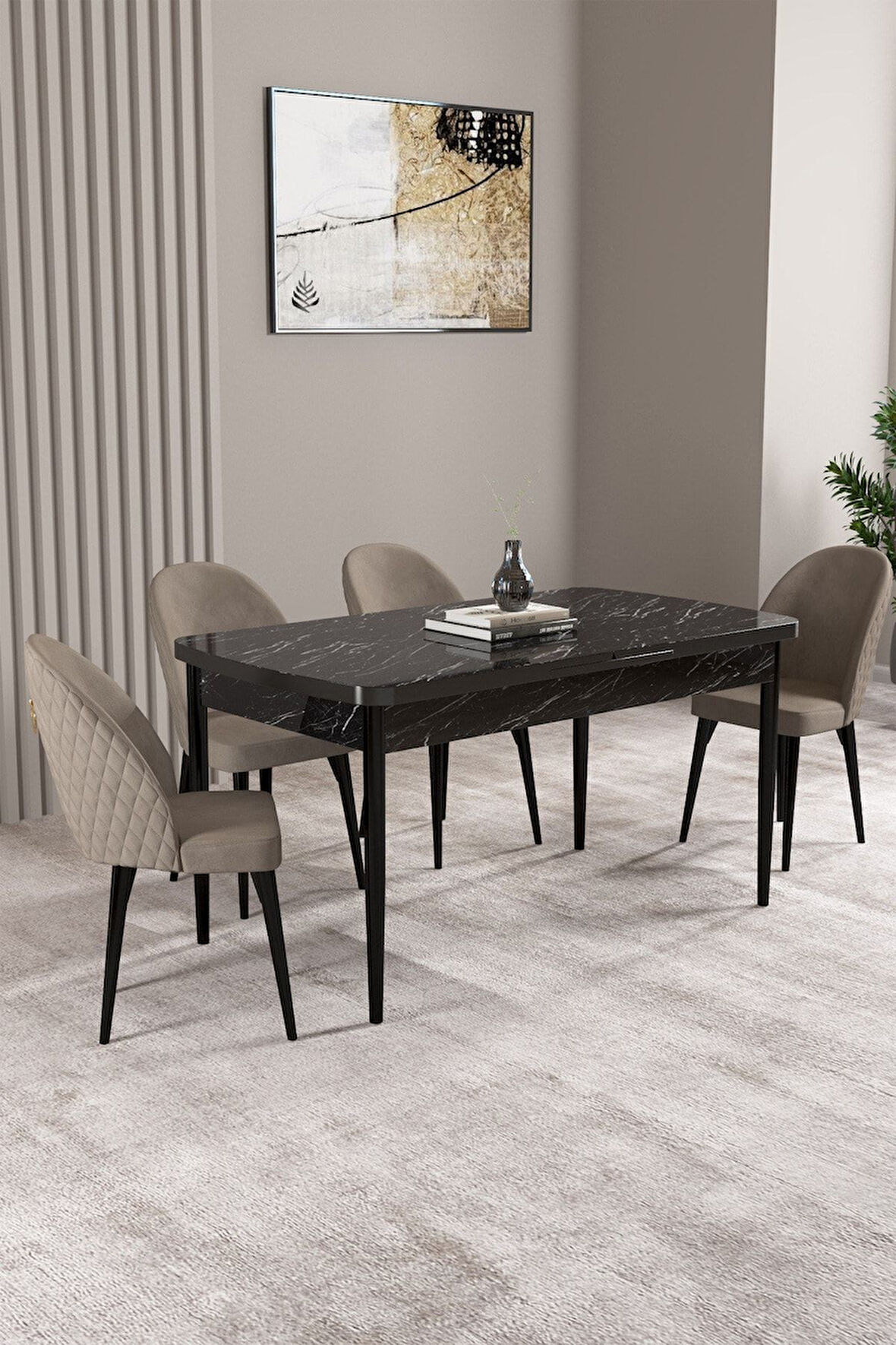 Milas Siyah Mermer Desen 80x132 Açılabilir Mdf Masa Yemek Odası Takımı,Mutfak Takımı 4 Adet Sandalye