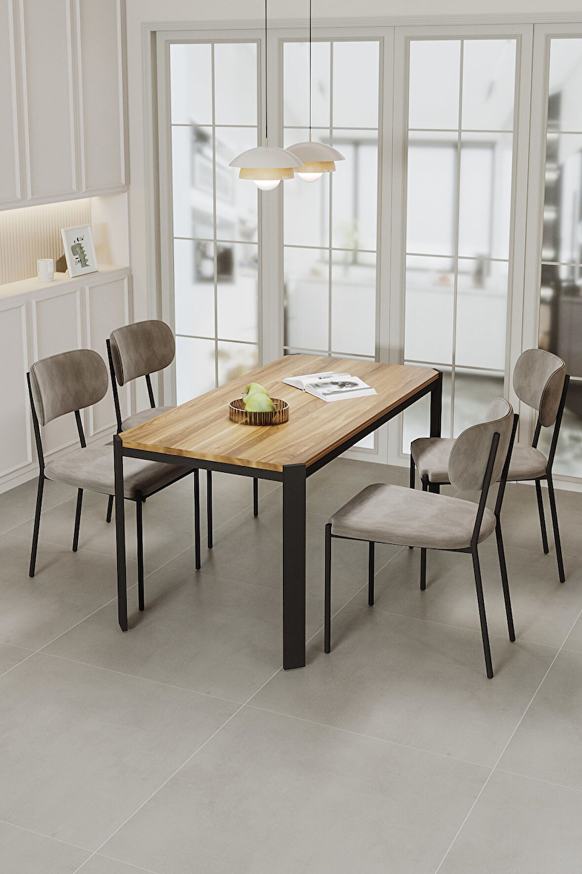 Nexa Siyah Metal Ayaklı 70x120 Sabit Masa Yemek Odası Takımı, Mutfak Takımı 4 Adet Sandalye