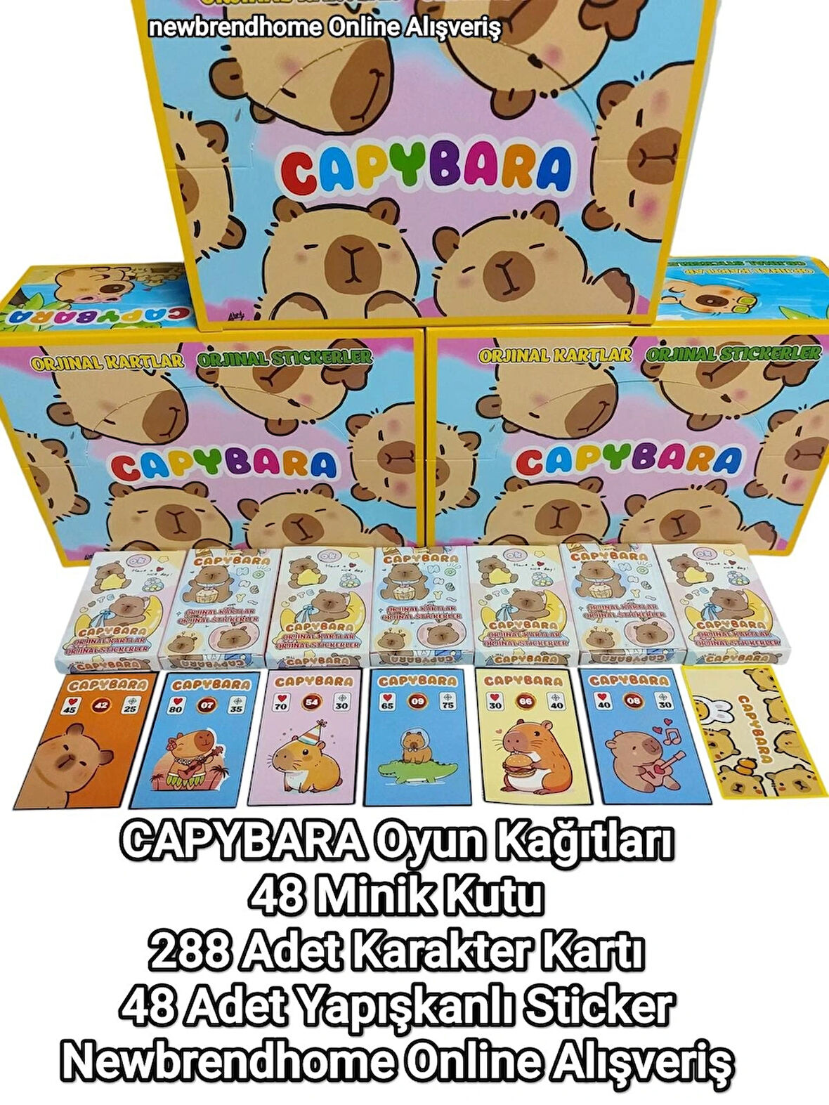 CAPYBARA Oyun Kağıtları (48 Minik Kutu 288 Adet Karakter 48 Adet Sticker) Eğlenceli Karakterler