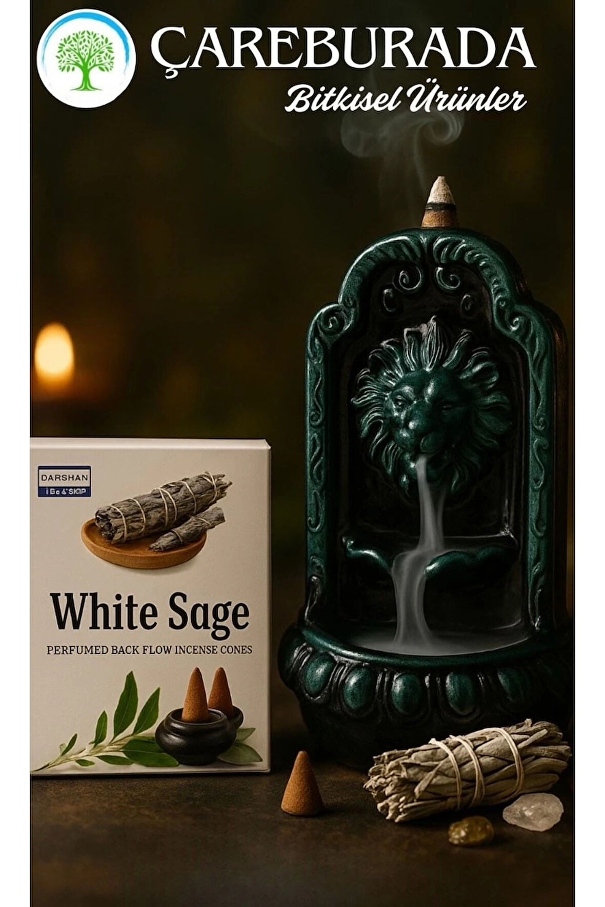 White Sage Geri Akış Tütsüsü + Aslan Ağzı Seramik Şelale Tütsülük