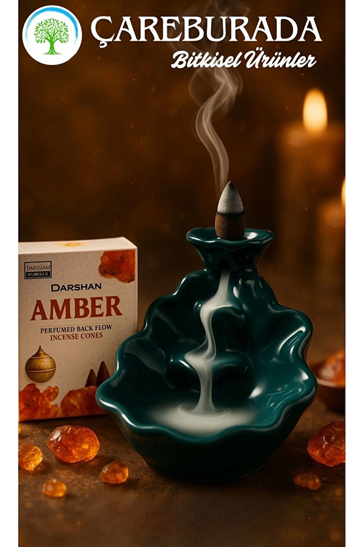 Darshan Amber Geri Akış Tütsüsü + Yaprak Şelale Seramik Tütsülük