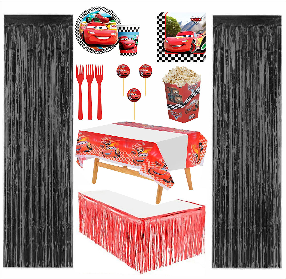Cars, (Arabalar), Şimşek Mcqueen Tabak, Bardak, Mısır Kutusu, Peçete, Çatal, Kürdan, Fon Perde, Masa Örtüsü, Masa Eteği