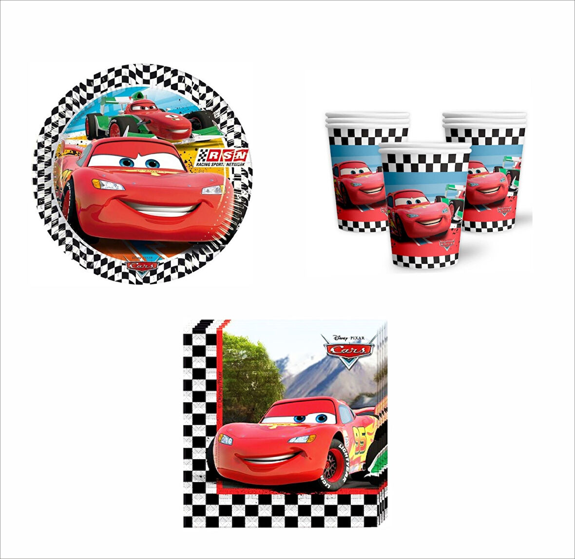 Cars, (Arabalar), Şimşek Mcqueen  8 Adet Tabak, 8 Adet Bardak, 10 Peçete