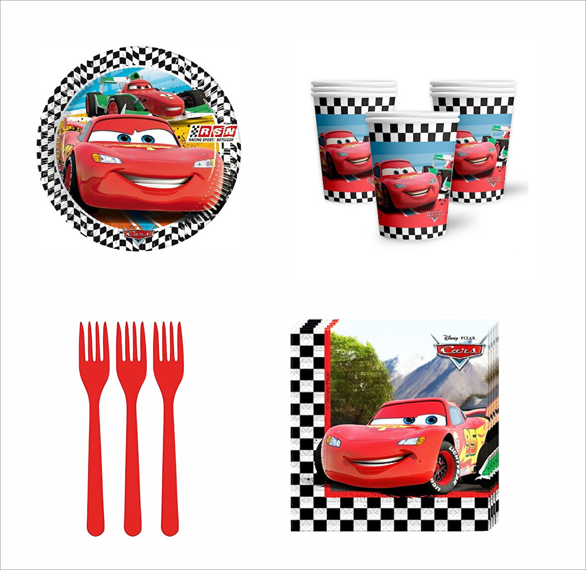 Cars, (Arabalar), Şimşek Mcqueen  8 Adet Tabak, 8 Adet Bardak, 10 Peçete, 10 Çatal