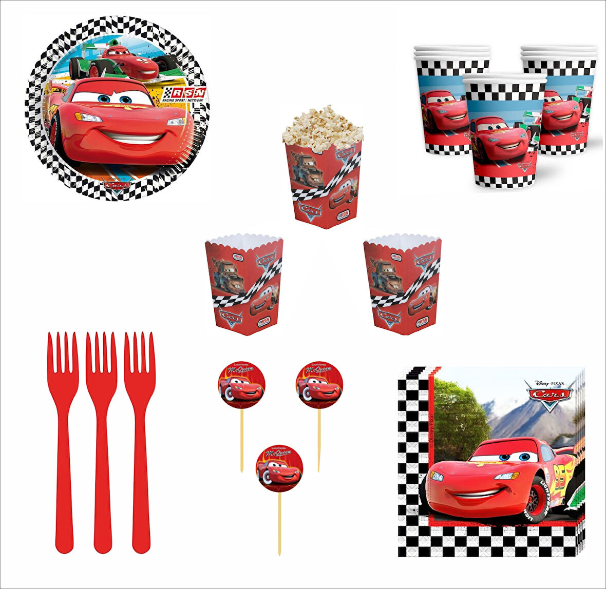 Cars, (Arabalar), Şimşek Mcqueen  8 Adet Tabak, 8 Adet Bardak, 10 Peçete, 10 Çatal,10 Kürdan,8 Adet Mısır Kutusu