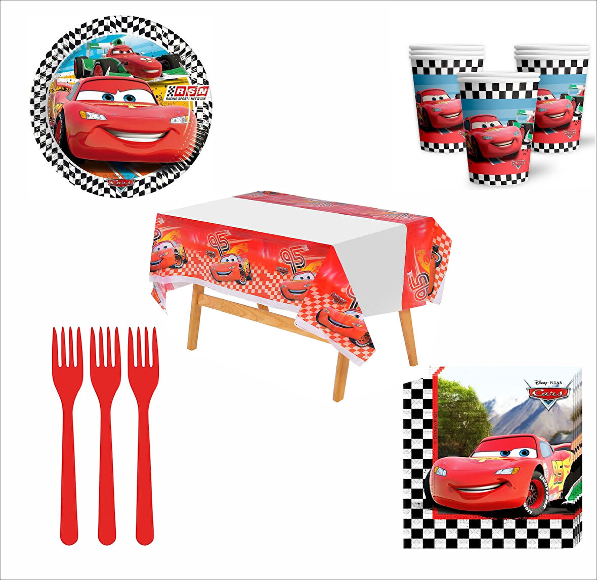 Cars, (Arabalar), Şimşek Mcqueen  8 Adet Tabak, 8 Adet Bardak, 10 Peçete, 10 Çatal, Baskılı Masa Örtüsü