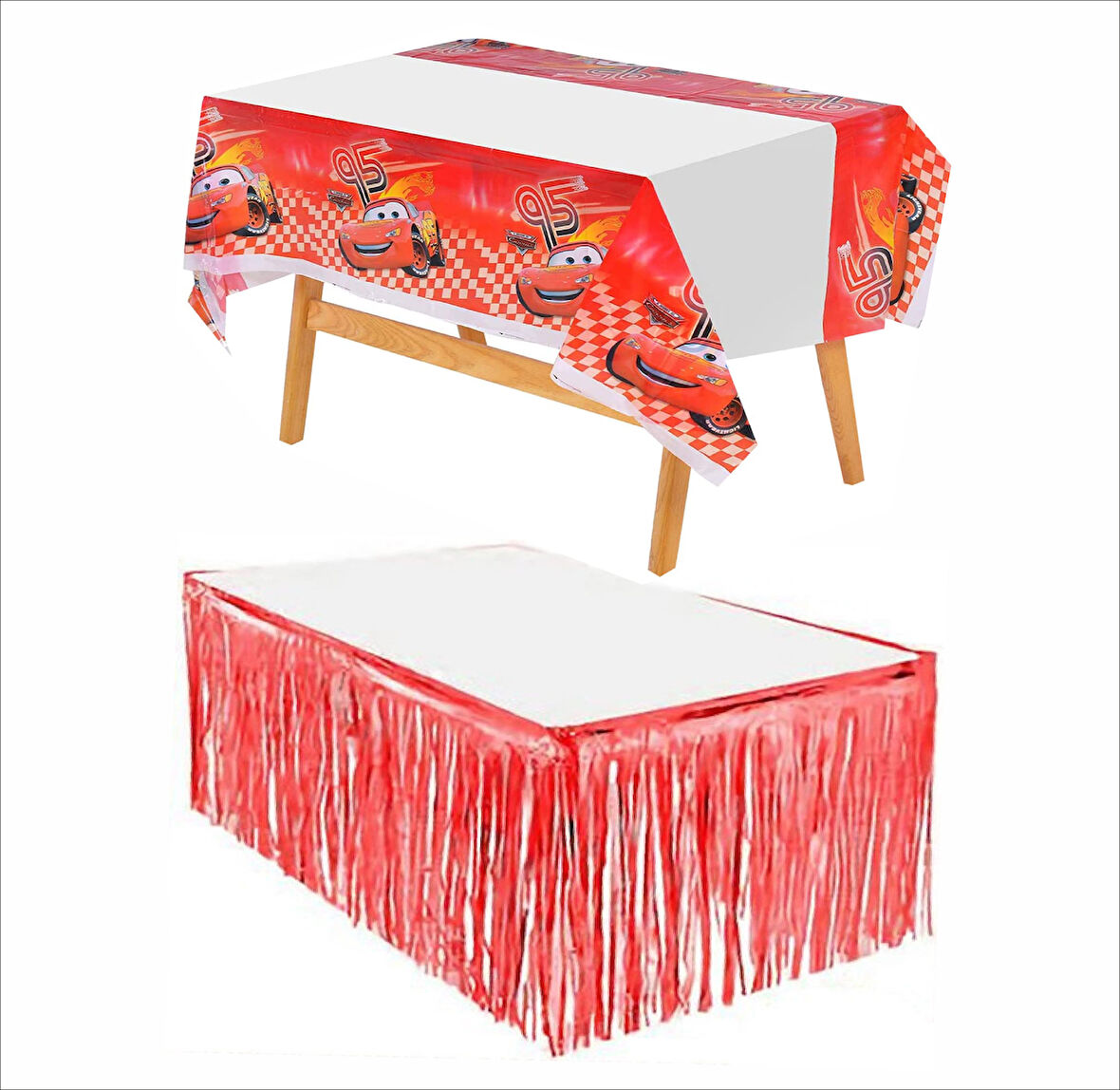 Cars, (Arabalar), Şimşek Mcqueen Baskılı Masa Örtüsü Ve Kırmızı Masa Eteği