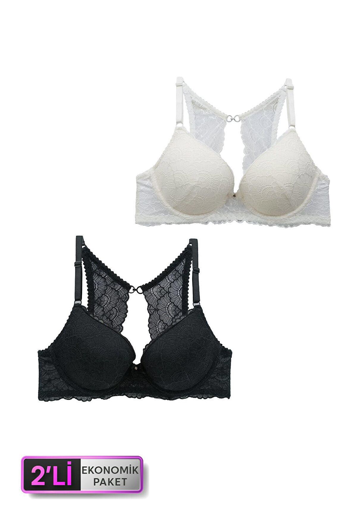 2'li Ekonomik Paket Ekru Siyah 6808 Rome Yarı Destekli Sırt Detay Dantelli Sütyen Set