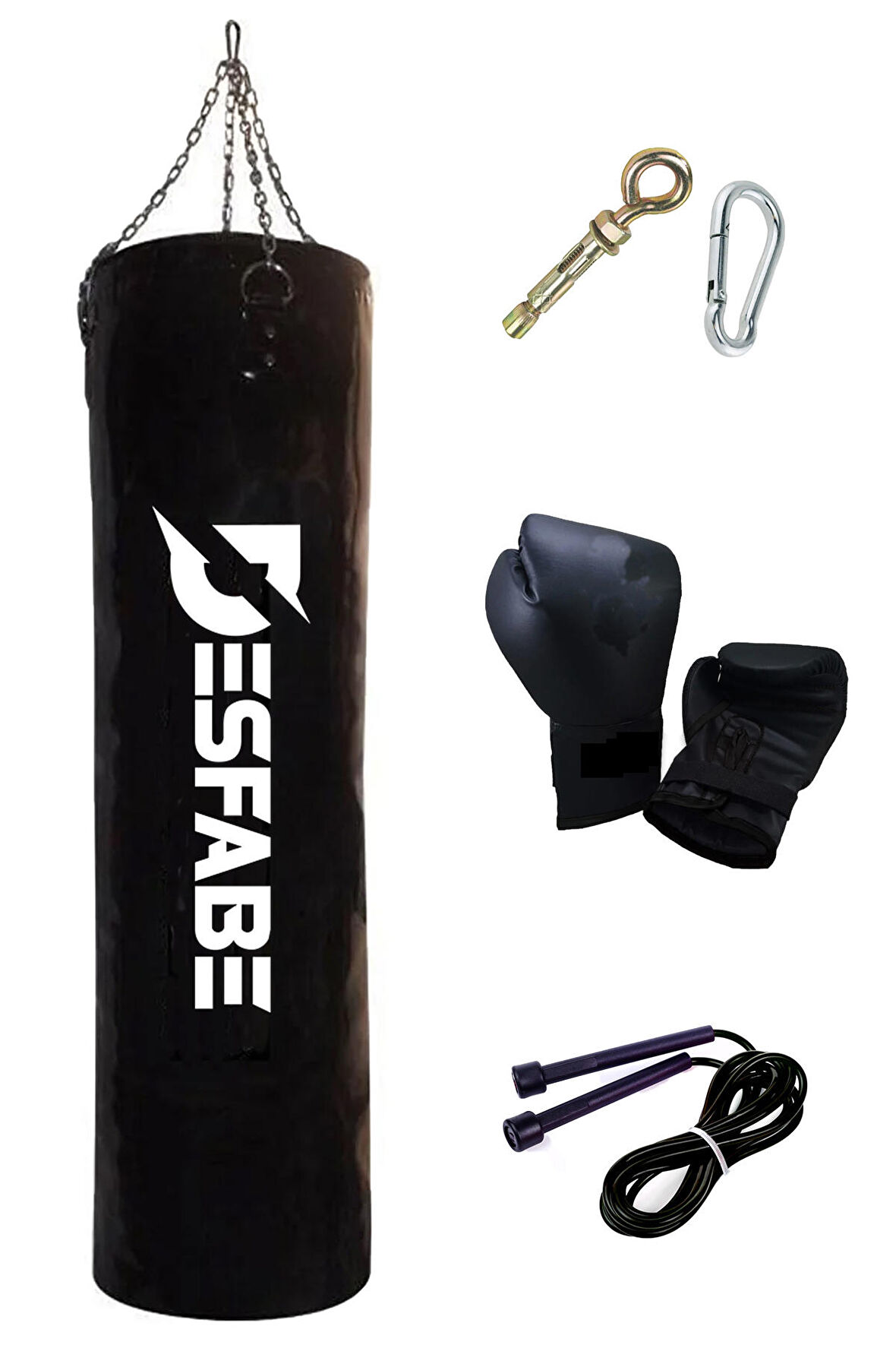 Desfabe Boxing Star 120x32 Cm Zincirli Boks Kum Torbası Siyah+Askı Aparatı+Boks Eldiveni+Atlama İpi