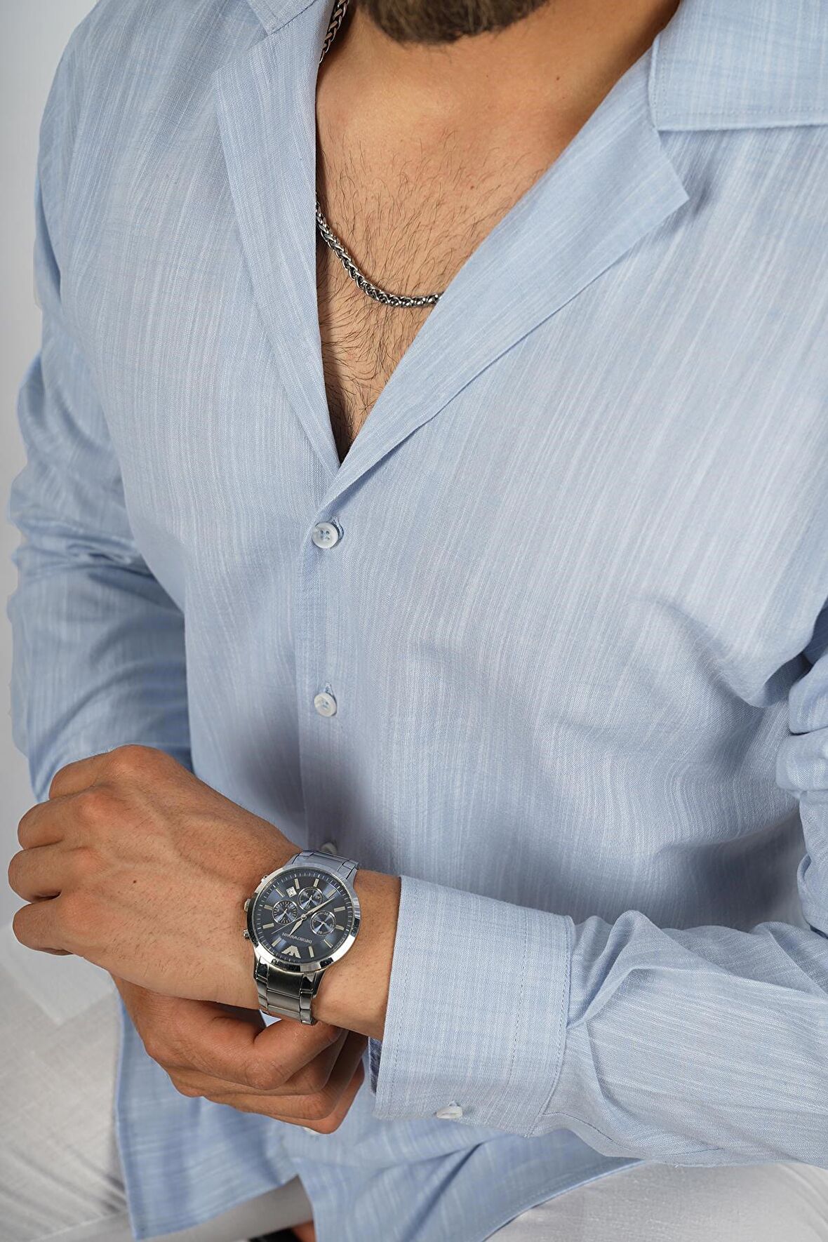 Mavi Keten Apaj Yaka Relax Fit Erkek Gömlek