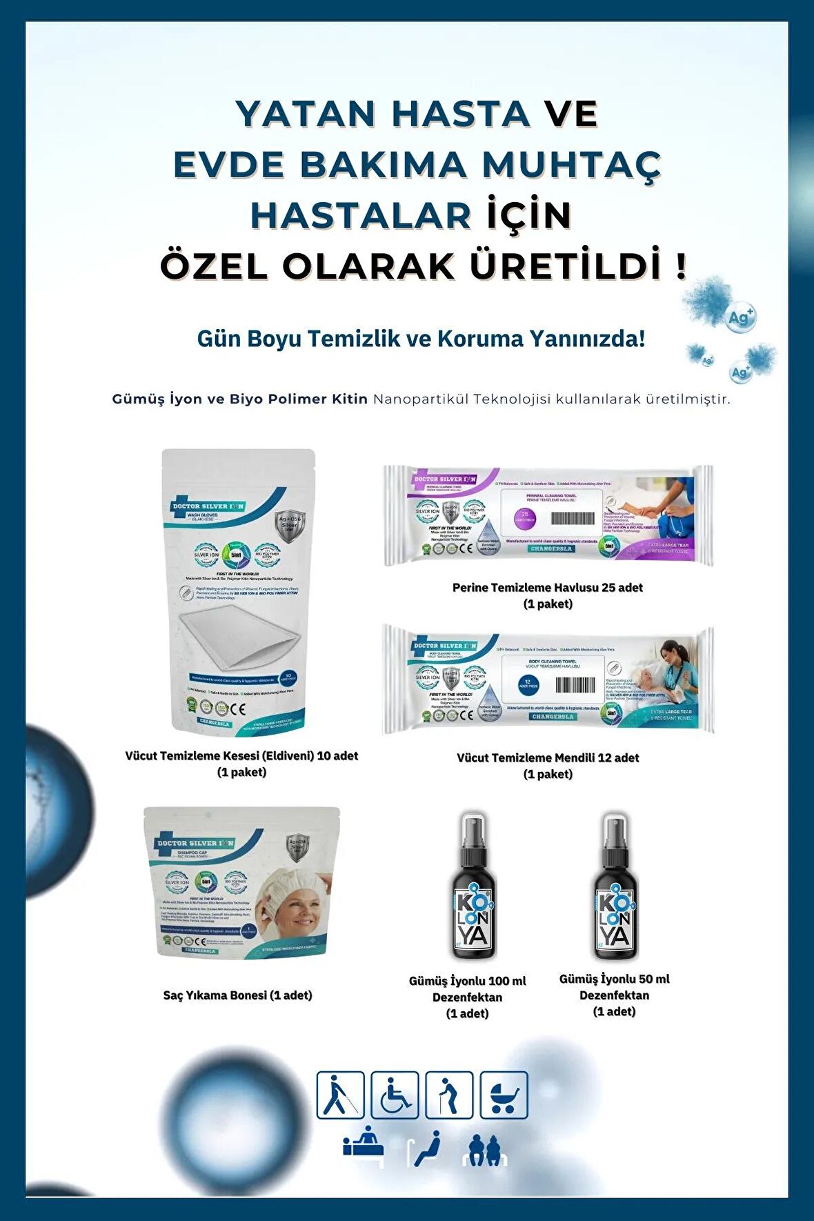 Gümüş Iyonlu Yatan Ve Evde Hasta Bakım Seti 25'li Perine Temizleme Mendili Hediyeli