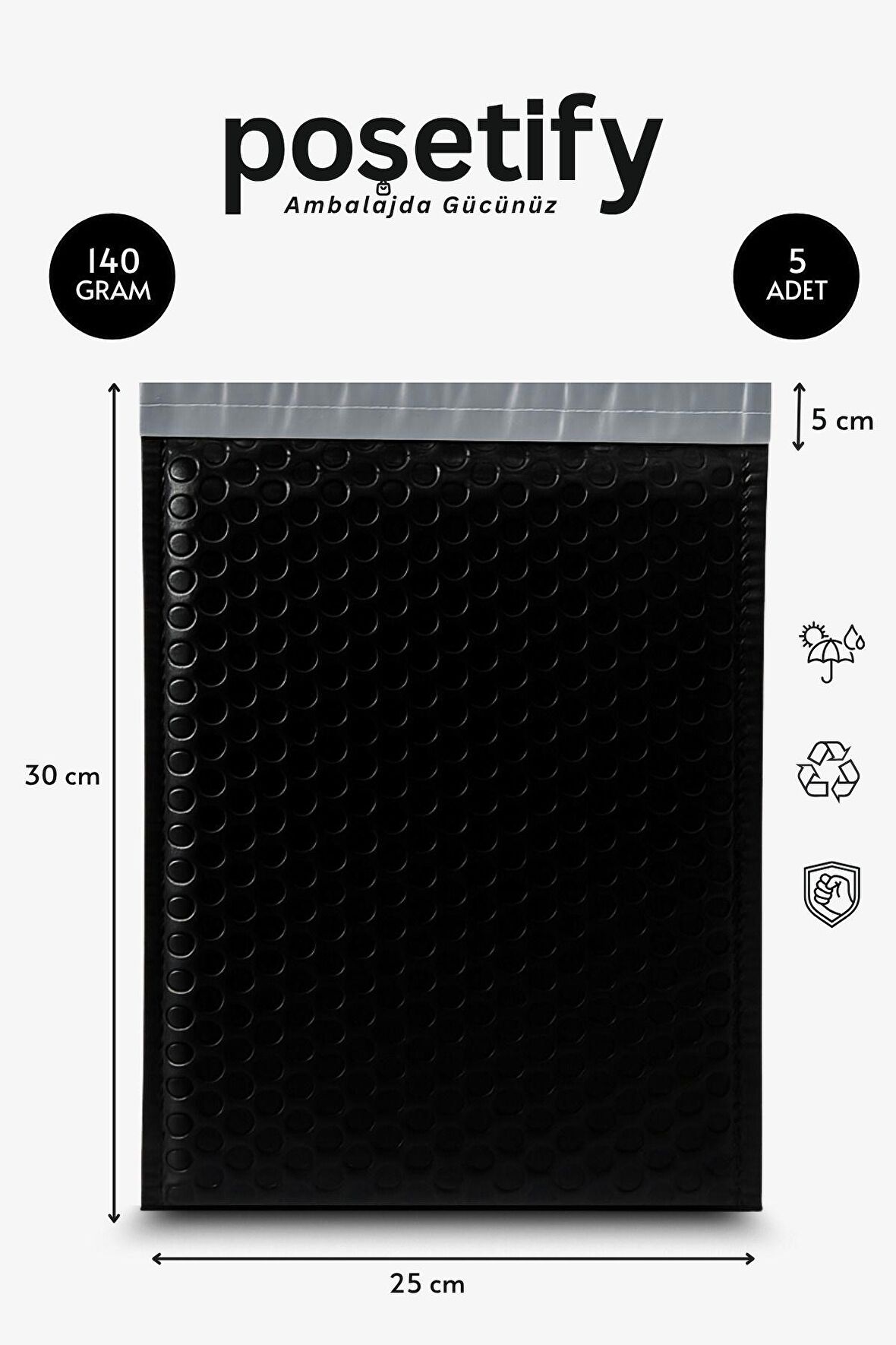 Balonlu Siyah Kargo Poşeti 25x30+5 cm | 140 gr Bantlı Patpatlı Kargo Poşeti | 5’li E-Ticaret Poşeti