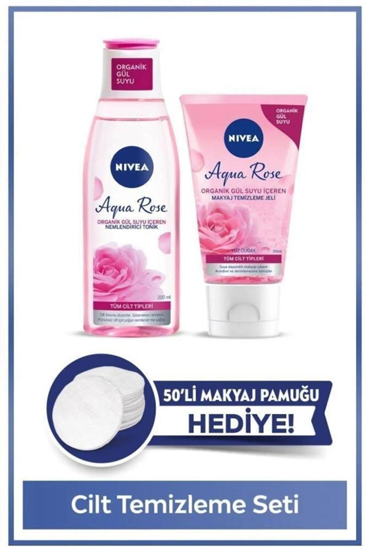 Nivea Aqua Rose Yüz Temizleme Seti,tonik 200ml,yüz Temizleyici Jel,gül Suyu,makyaj Pamuğu Hediye