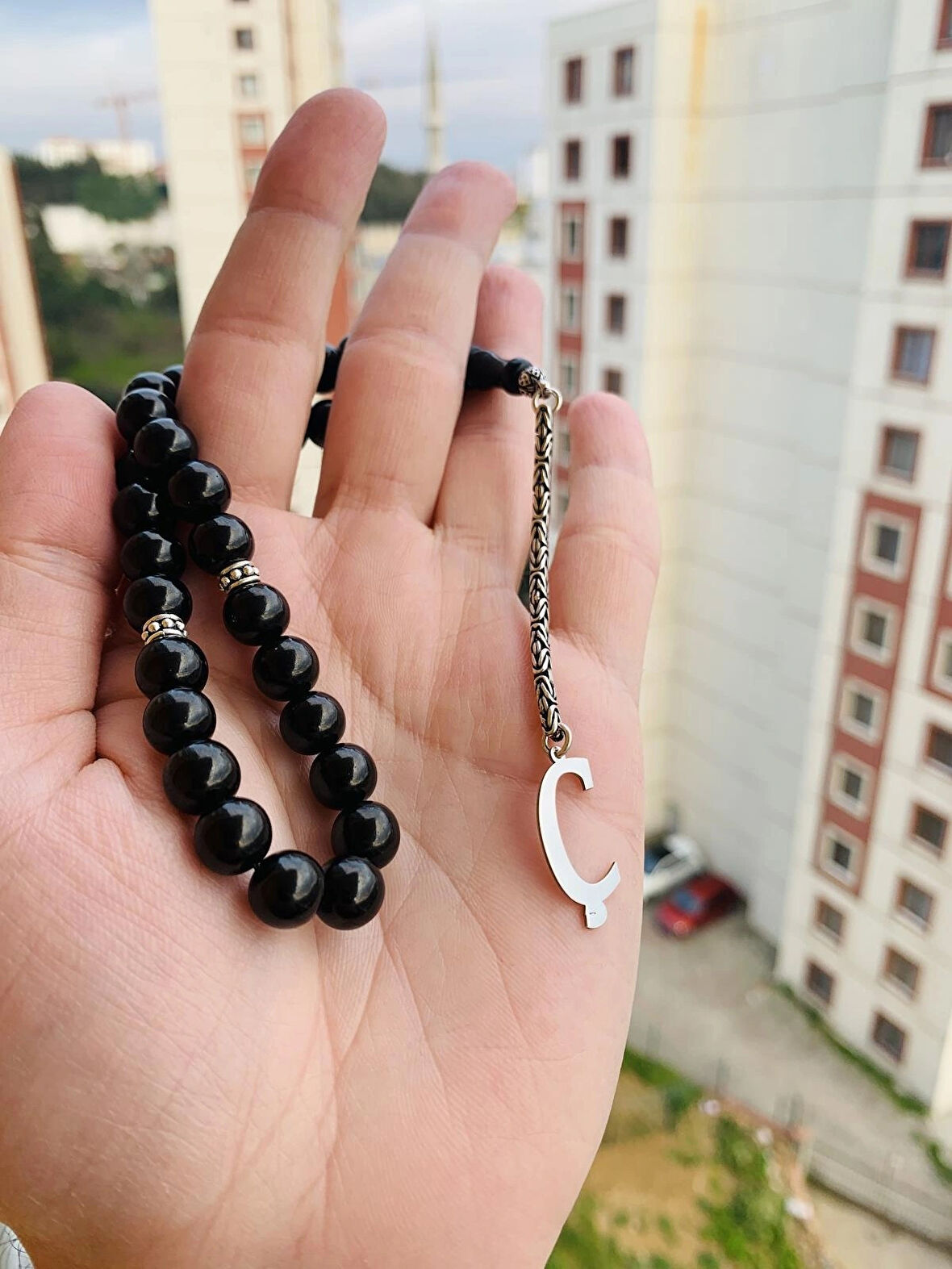 Ç harfli 925 ayar gümüş püskül, harf ve ayraçlı oltu tesbih (kral zincir)