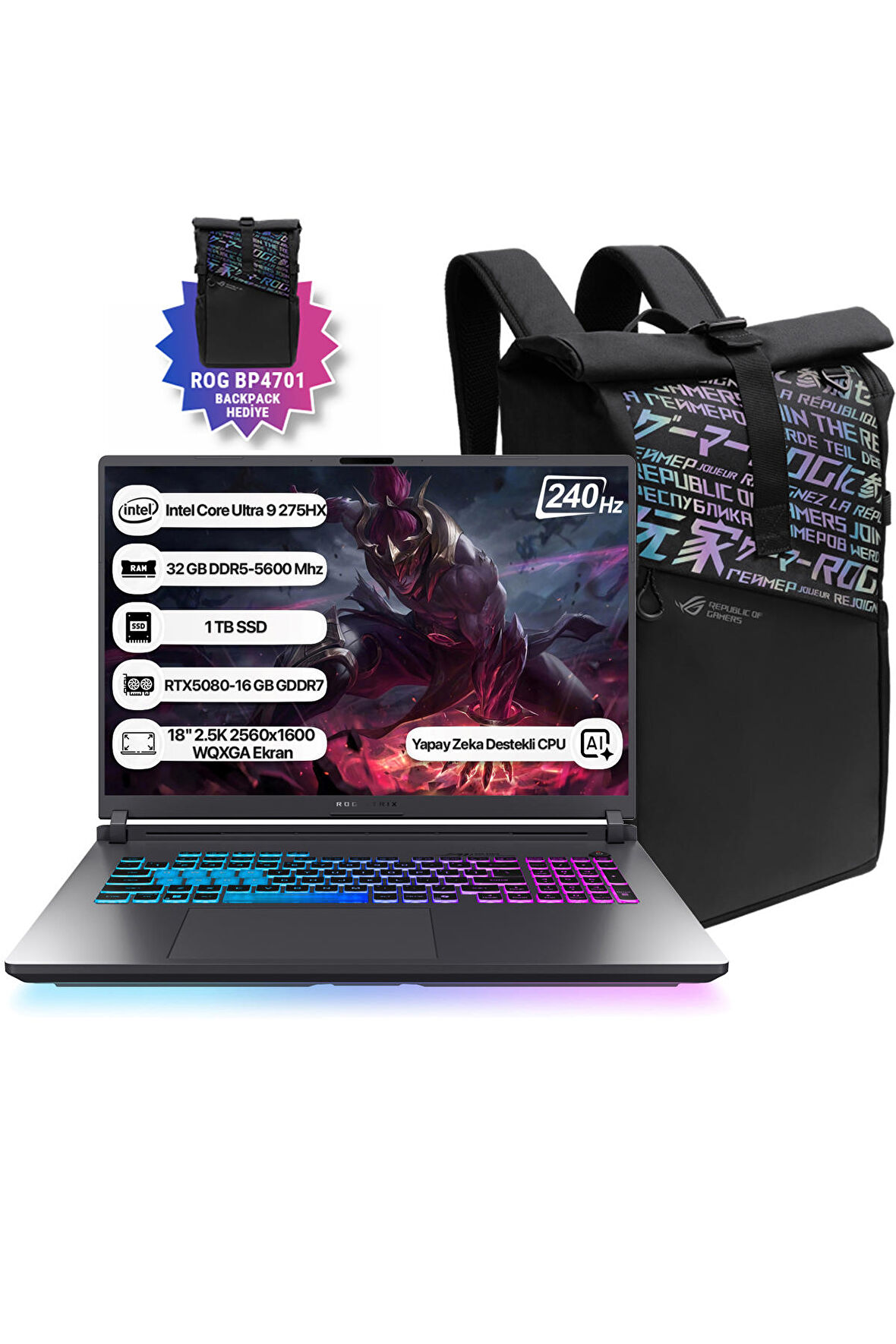 Asus Rog Strix G18 G815LW-S9127 Intel Core Ultra 9 275HX NPU 13 TOPS 32GB 1TB SSD RTX5080-16GB Freedos 18" 2.5K 240Hz WQXGA Taşınabilir Bilgisayar