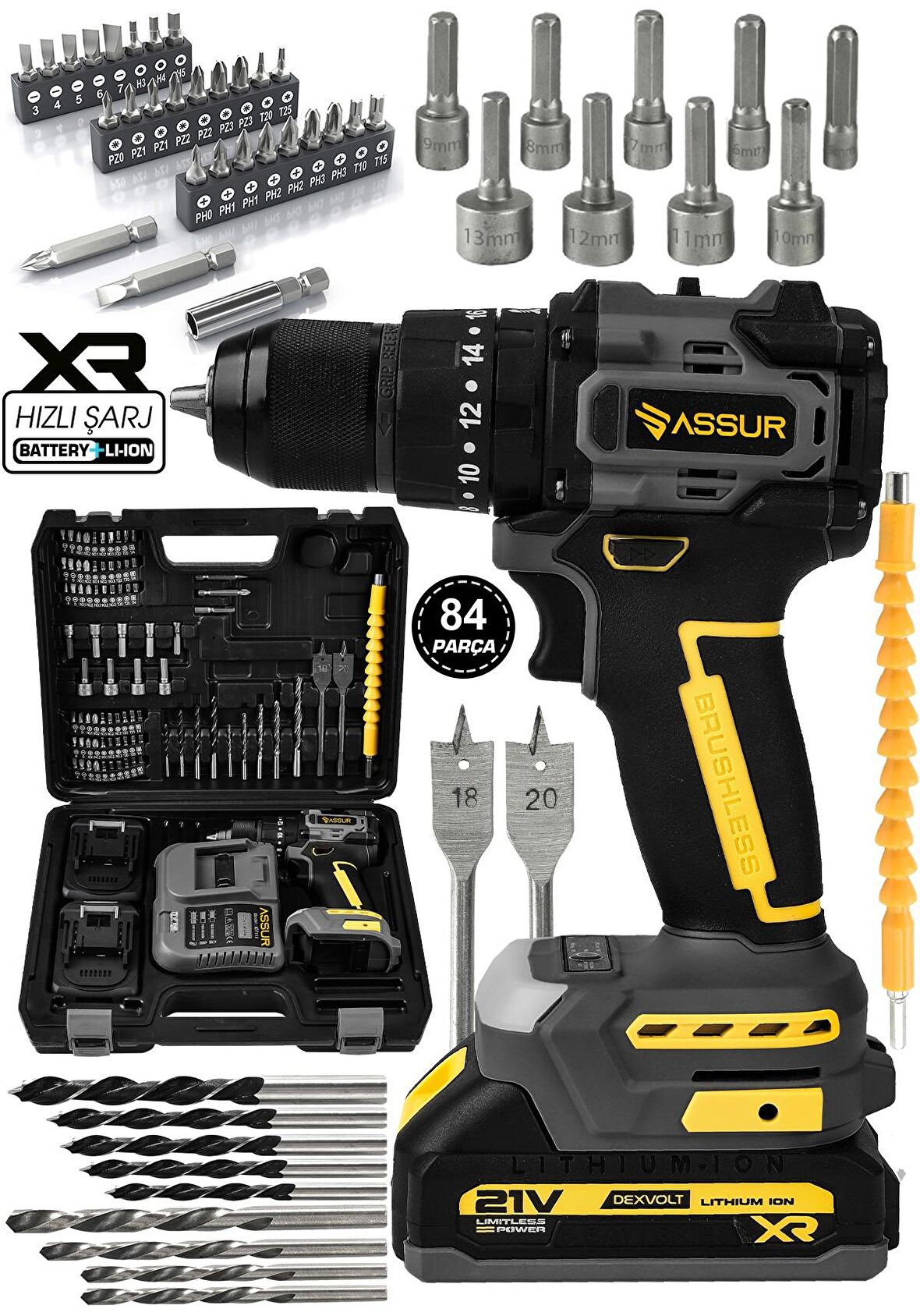 Assur 21V Çelik Mandren Kömürsüz Motor Darbeli Şarjlı Matkap Vidalama