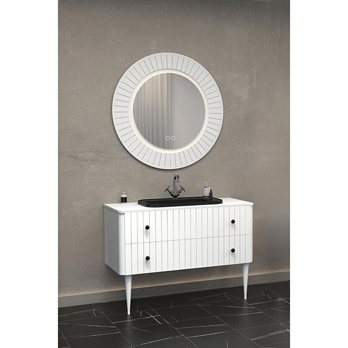 SOLARİS 120 CM SİYAH LAVABOLU BANYO DOLABI BEYAZ AYAKLI - BOY DOLAP HARİÇ