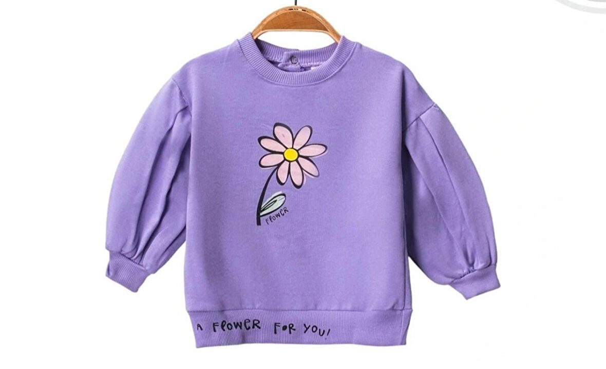 Çiçek Baskılı Kolları Modelli Kız Sweatshirt