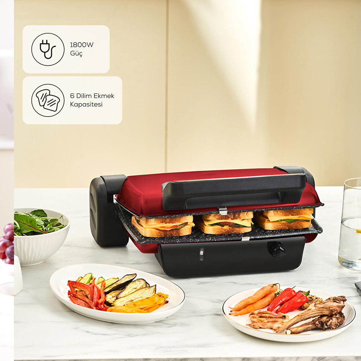 Karaca Crust Grill Toast Izgara ve Tost Makinesi 6 Dilim Kırmızı