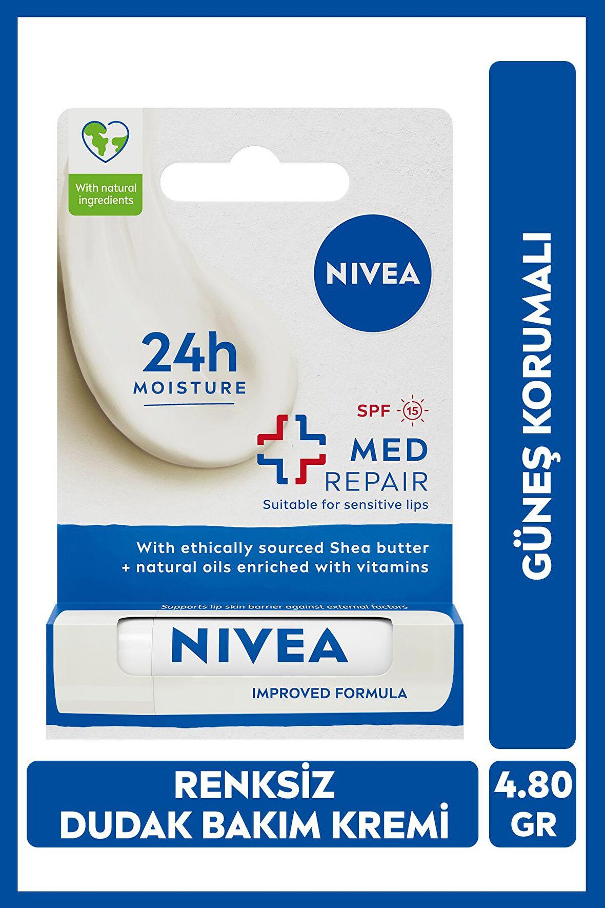 Nivea Güneş Koruyucu Renksiz Dudak Bakım Kremi Med Repair 4,8 gr, SPF15, Nemlendirici, Çatlamış Dudaklar