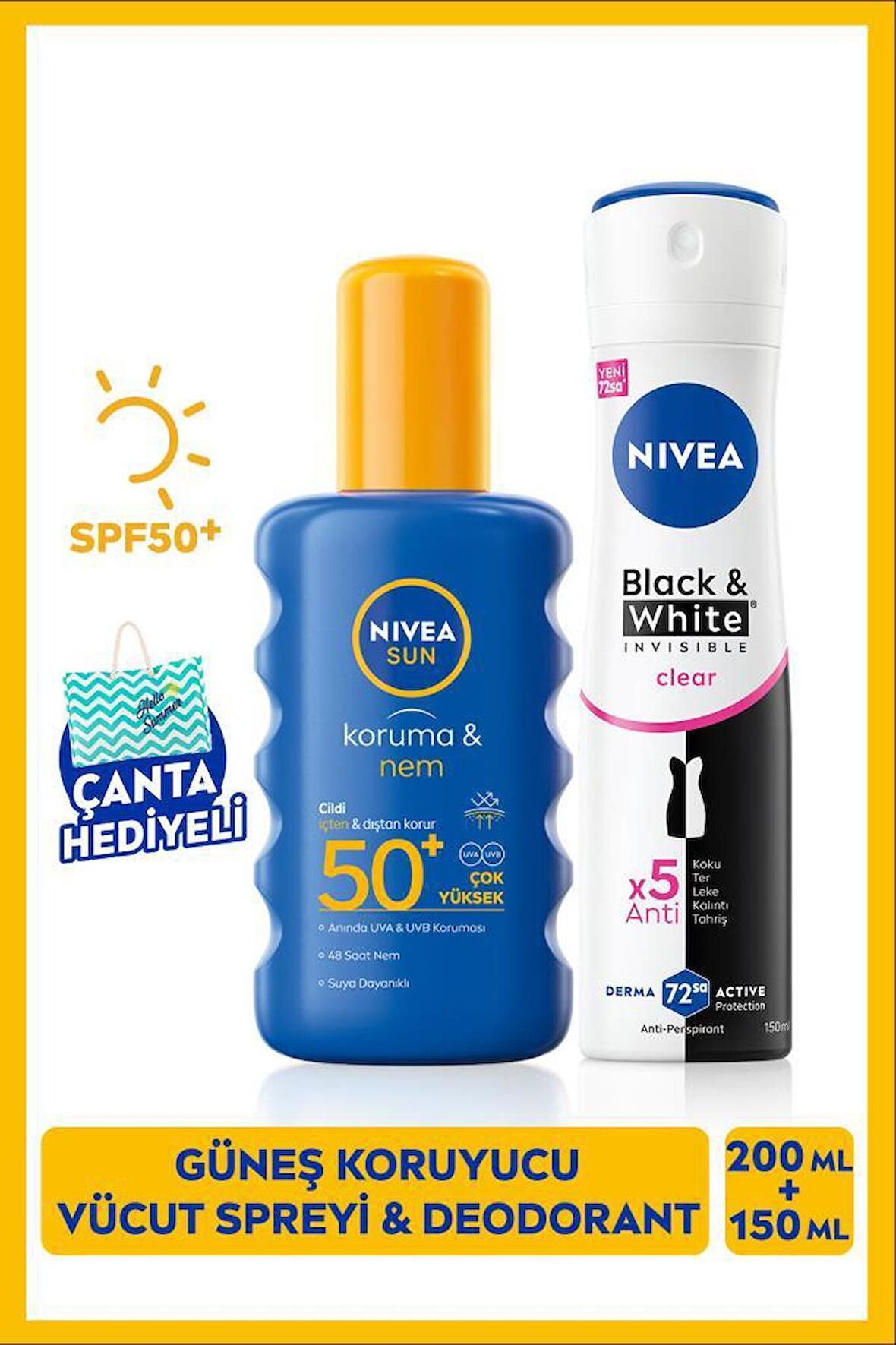 NIVEA SUN Güneş Koruyucu Vücut Spreyi 200ml, SPF50 ve Sprey Deodorant Black & White Invisible Clear 150ml, Çanta Hediyeli