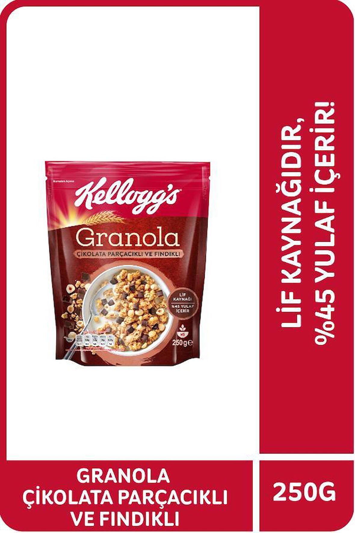 Kellogg's Çikolata Parçacıklı ve Fındıklı Granola 250 Gr,%44 Yulaf,Lif Kaynağı,Kahvaltılık Gevrek