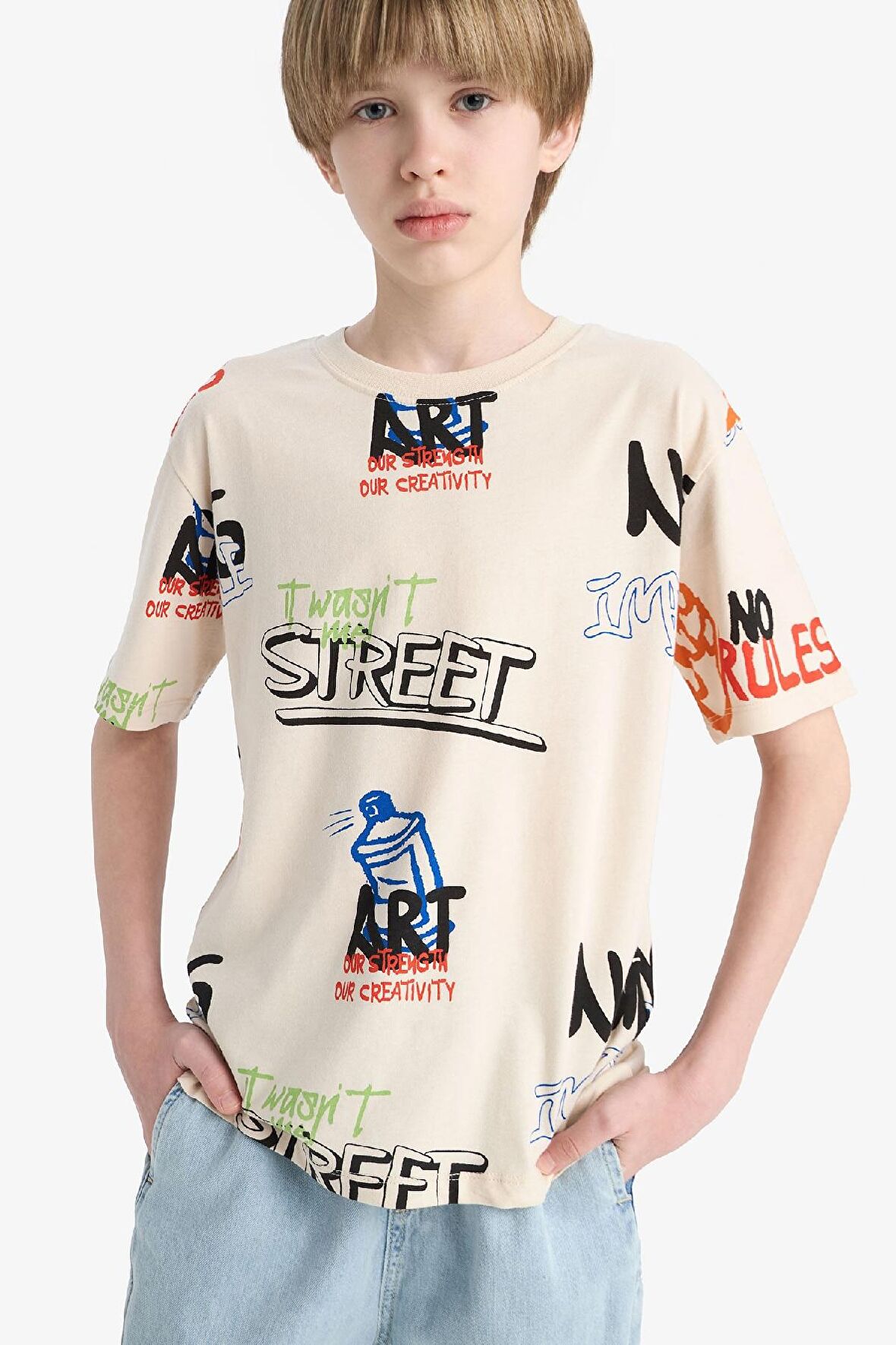 DeFacto Erkek Çocuk Bisiklet Yaka Baskılı Kısa Kollu Tişört D9492A825SMBG74