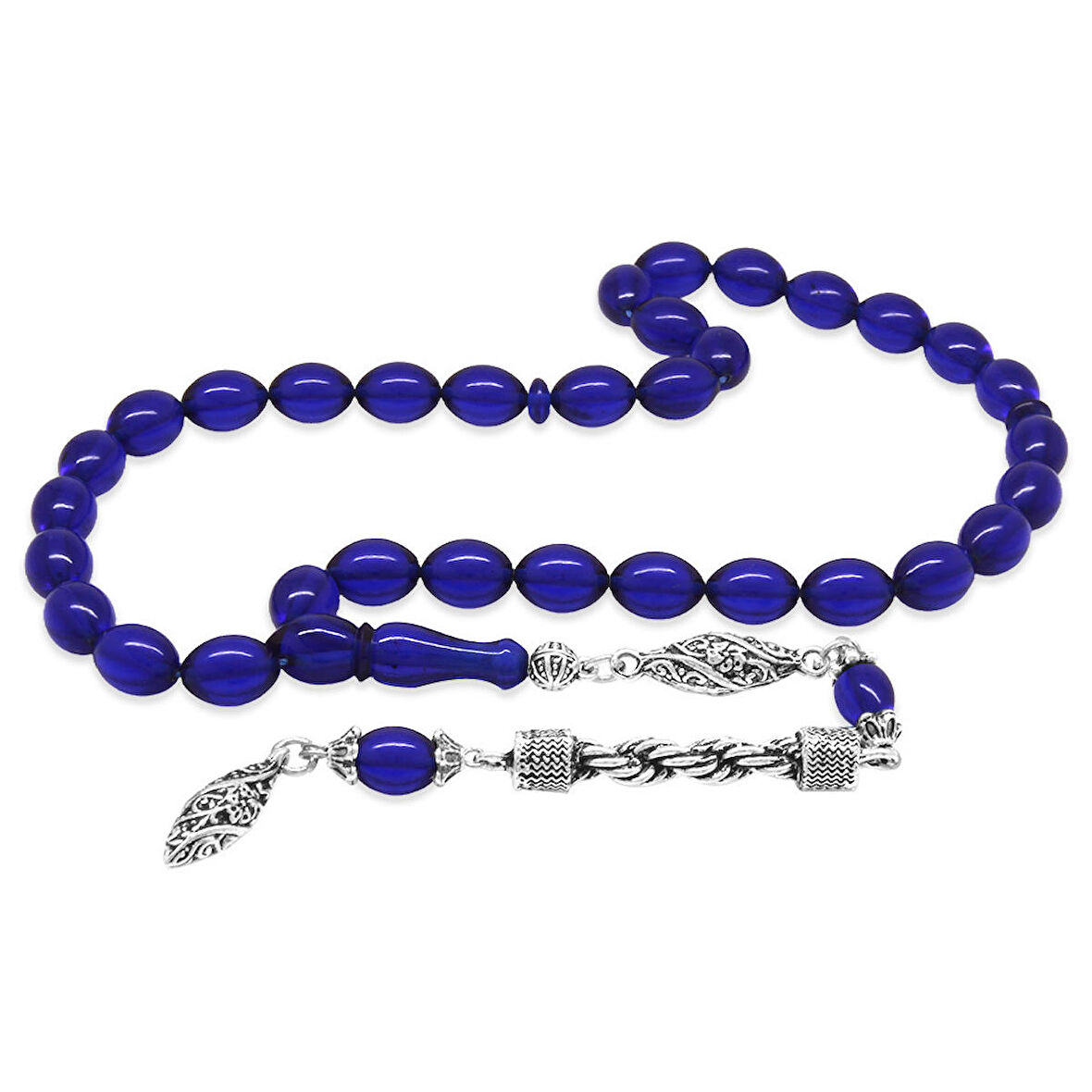 Kararmaz Metal Halat Püsküllü Arpa Kesim Lacivert Sıkma Kehribar Tesbih