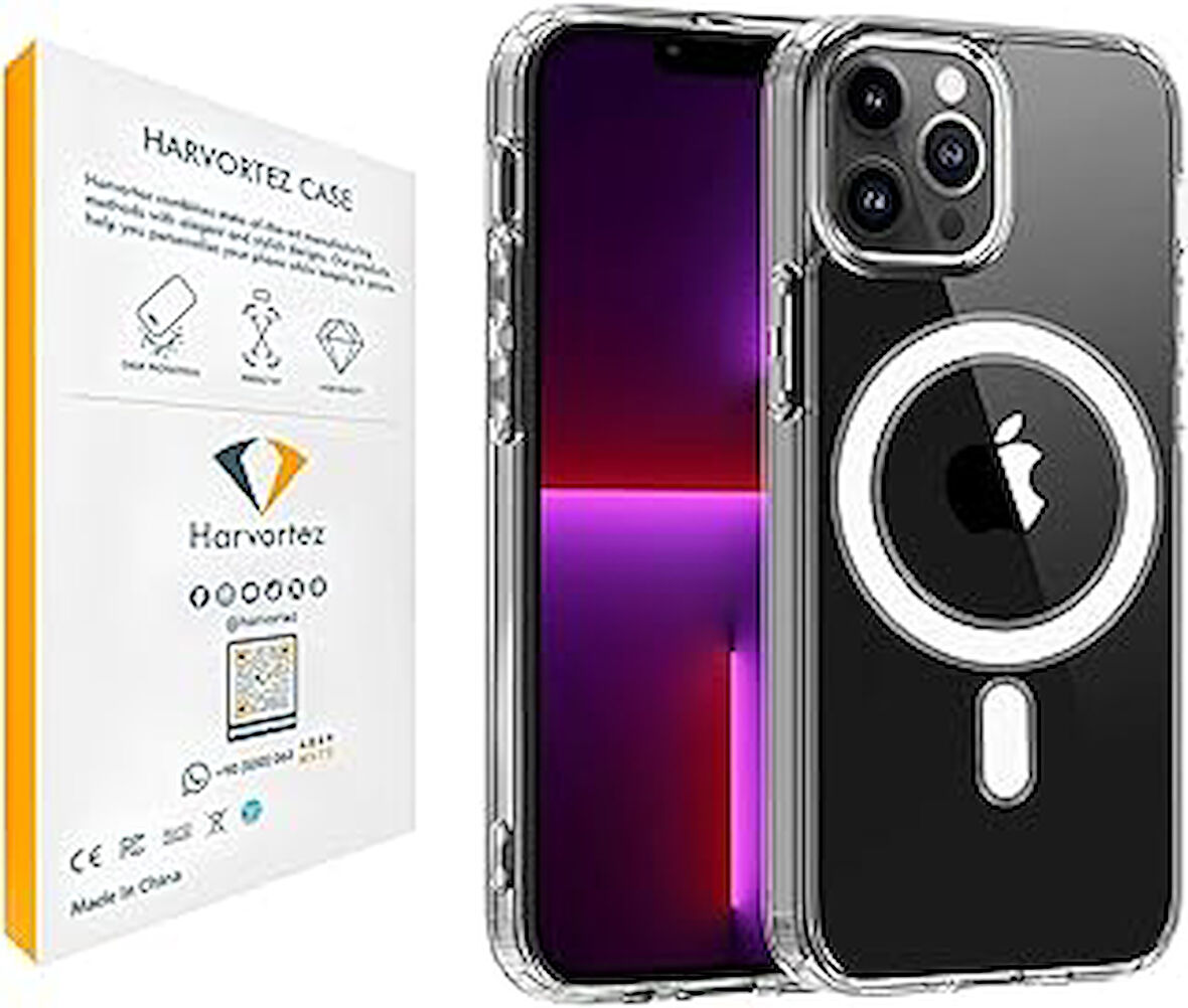 HARVORTEZ iPhone 13 Pro ile Uyumlu ŞEFFAF Güçlü Manyetik Kılıf, Ultra Berrak, PC Çevre Dostu Malzeme, Logo Görünür Kapak, Tam Uyumlu, Köşe Darbe Emici Yastıklı Premium Case