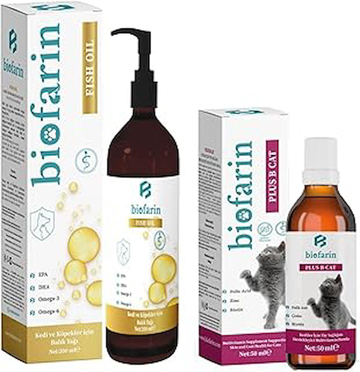 biofarin Fish Oil 200 Ml Kedi Ve Köpekler Için Balık - Somon Yağı Ve Kedi Tüy Sağlığı Damlası 50 Ml Plus B Cat 2 Li Set - Kedi Vitamini